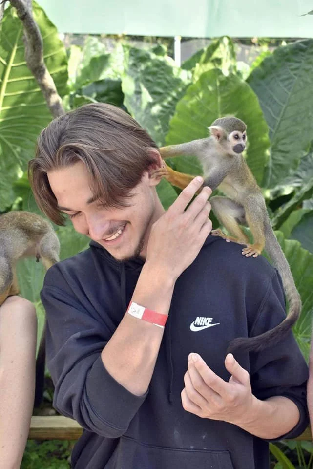 Noble Pugh wearing a black Nike hoodie, smiling as a small monkey perches on his shoulder, touching his face and reaching toward his ear in a lush, green jungle or botanical garden setting.