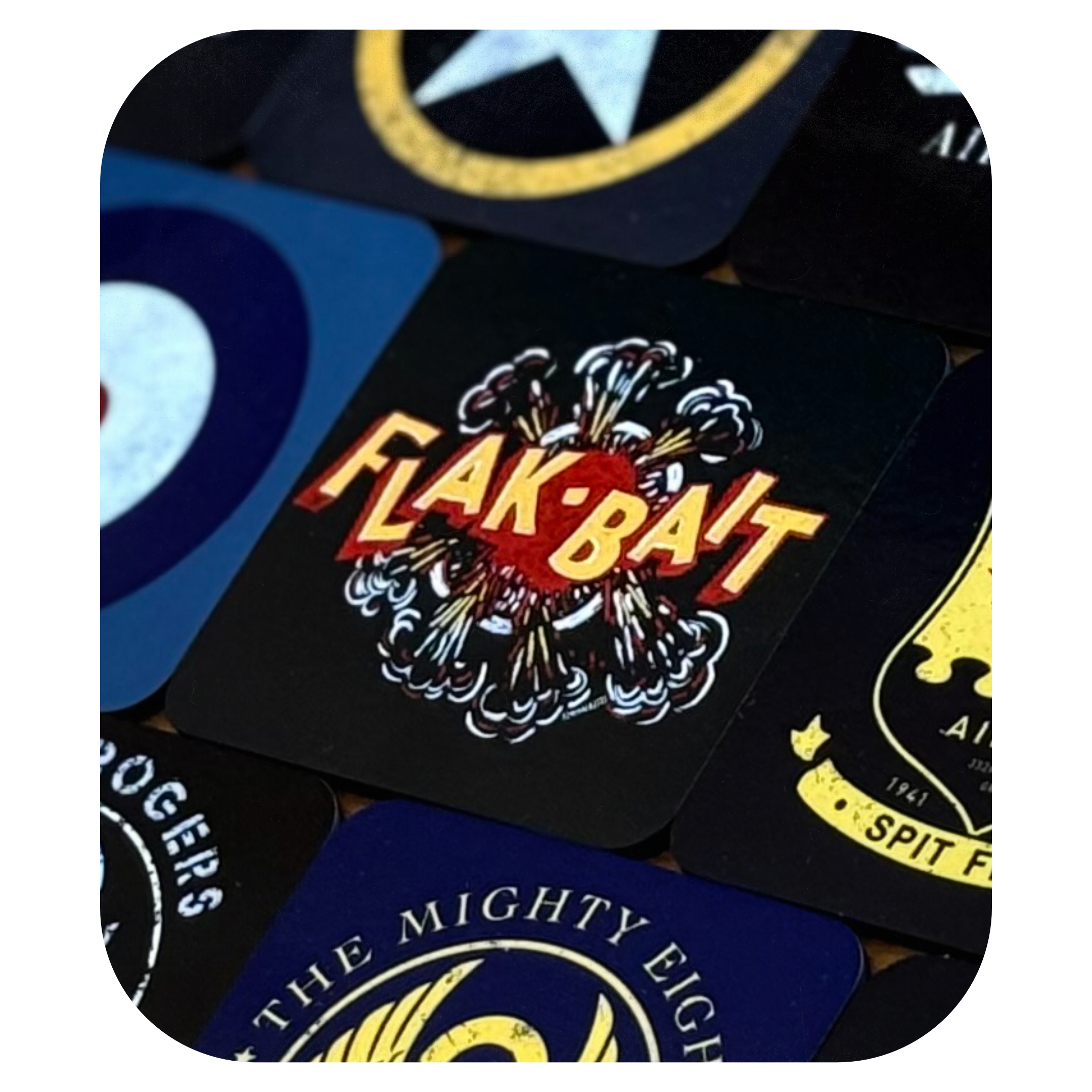 Flak-Bait WWII nose-art aviation coaster featuring iconic bomber artwork