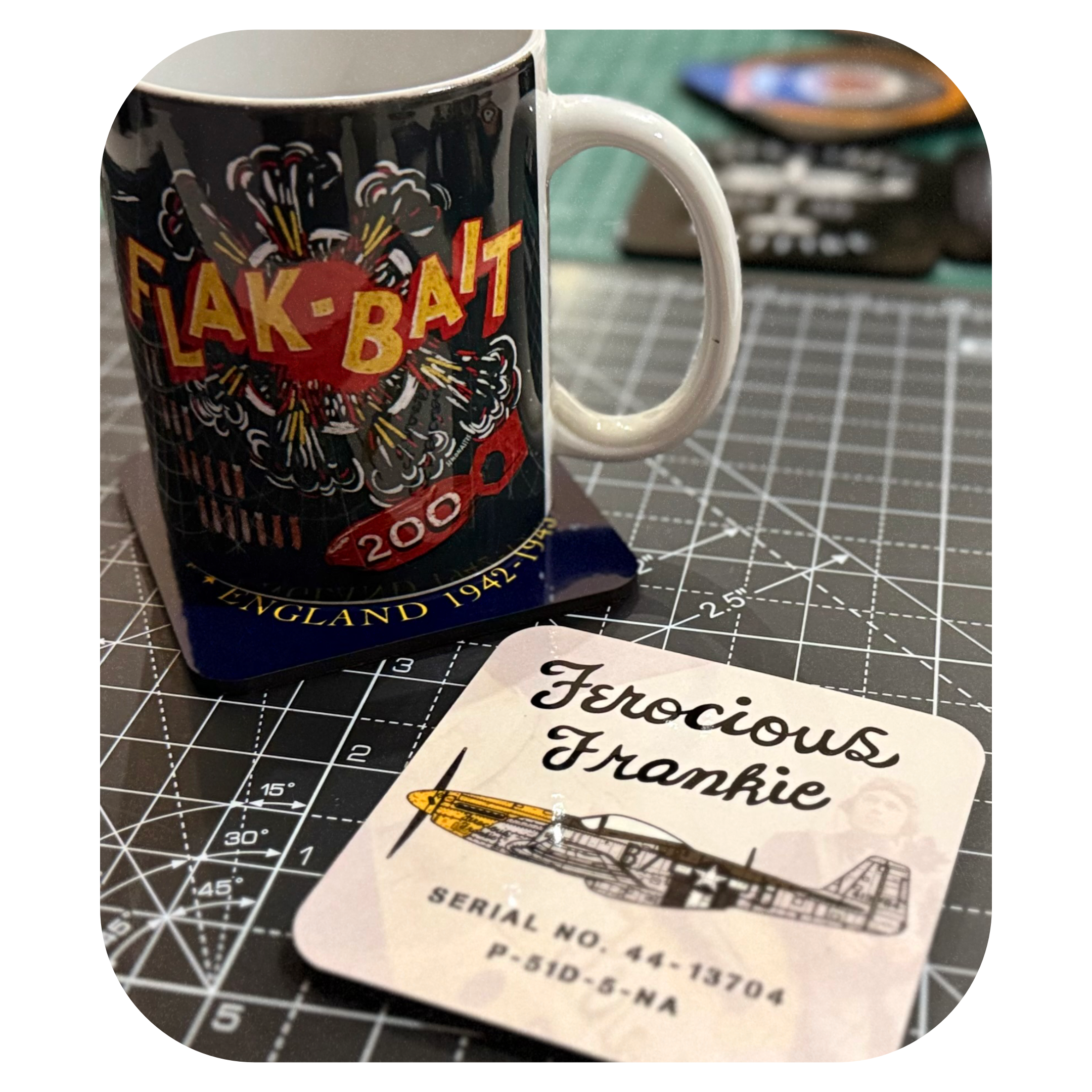WW2 aviation coasters featuring Flak-Bait Nose Art Mug, and vintage WWII aircraft nose-art