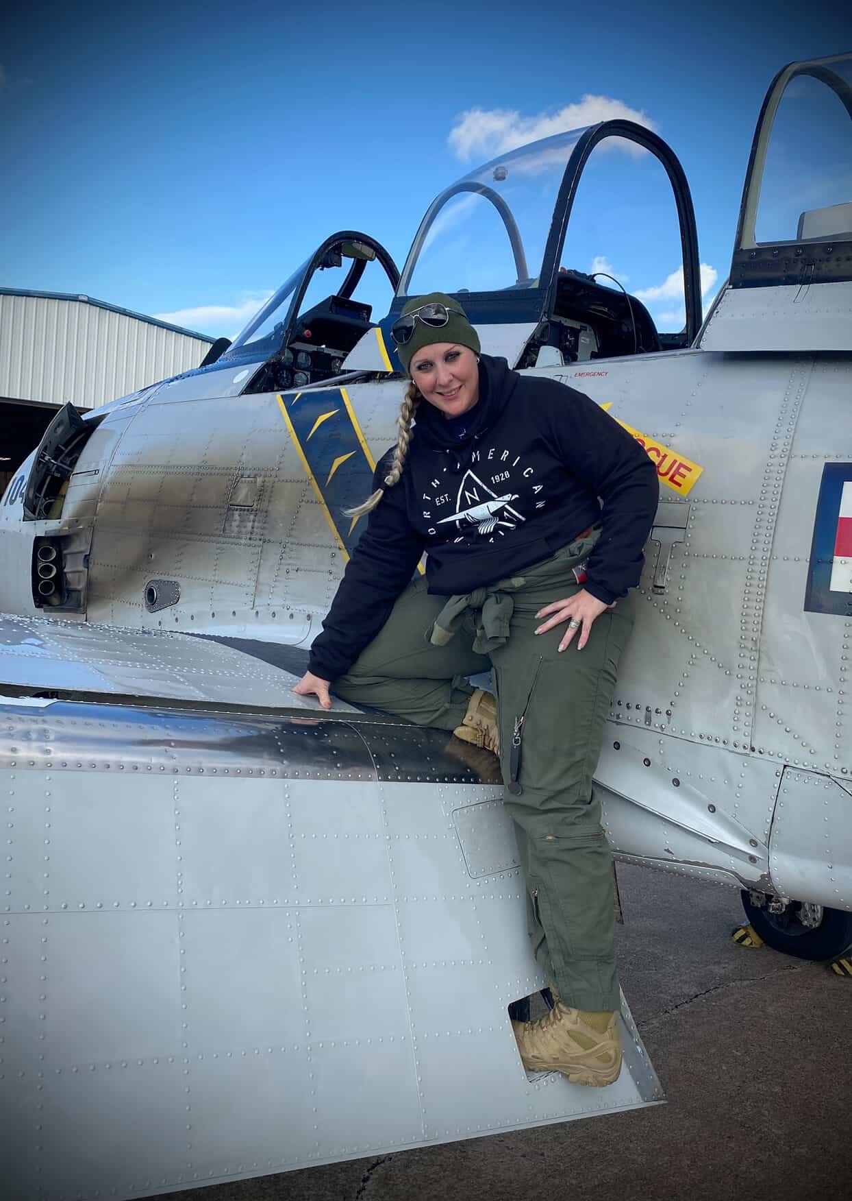 Christa “Hellcat” Carmeans CAF Pilot wearing a 909 Apparel Hoodie on a T-6 Texan Trainer Aircraft