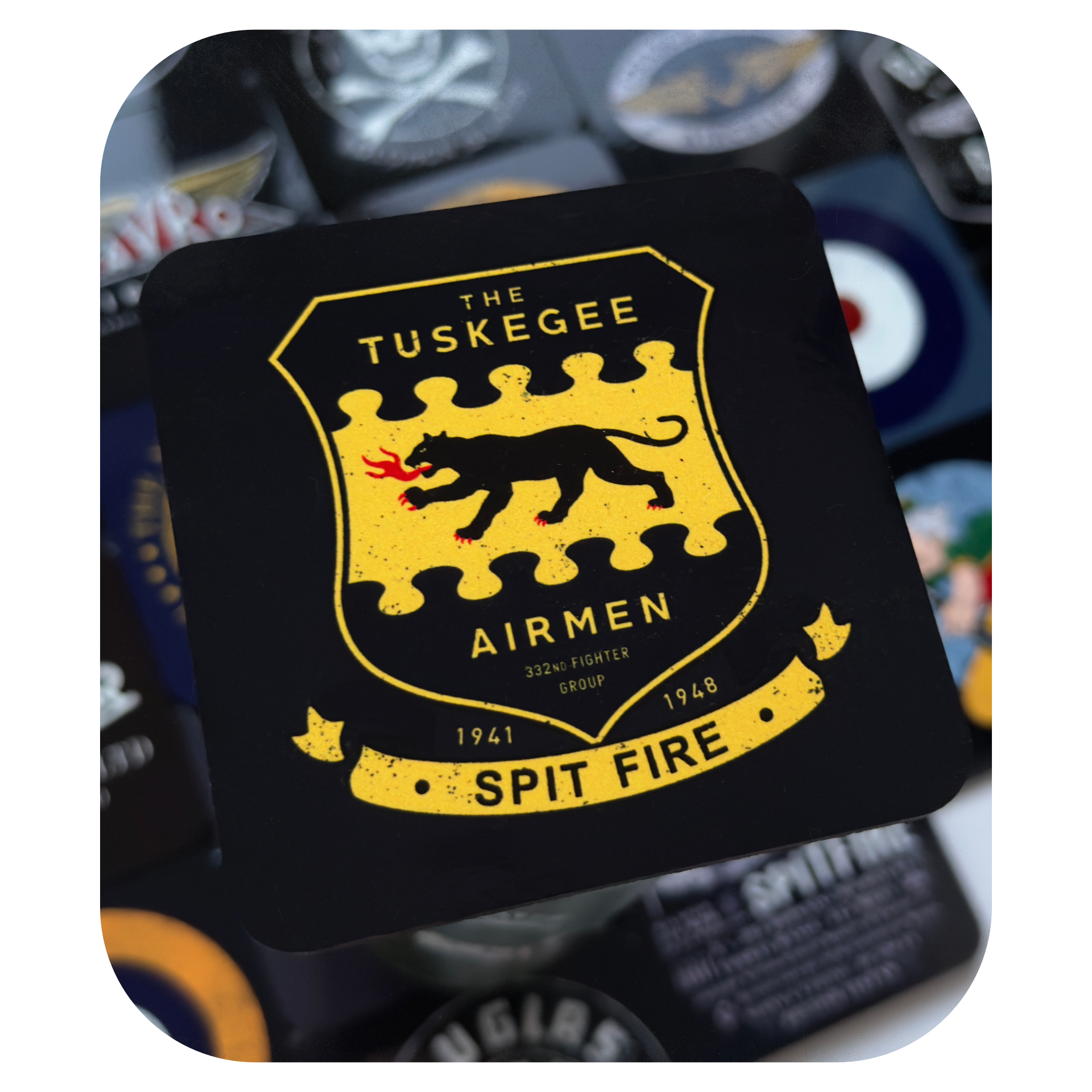 Tuskegee Airmen WW2 P-51 Mustang fighter squadron insignia - spit fire motto