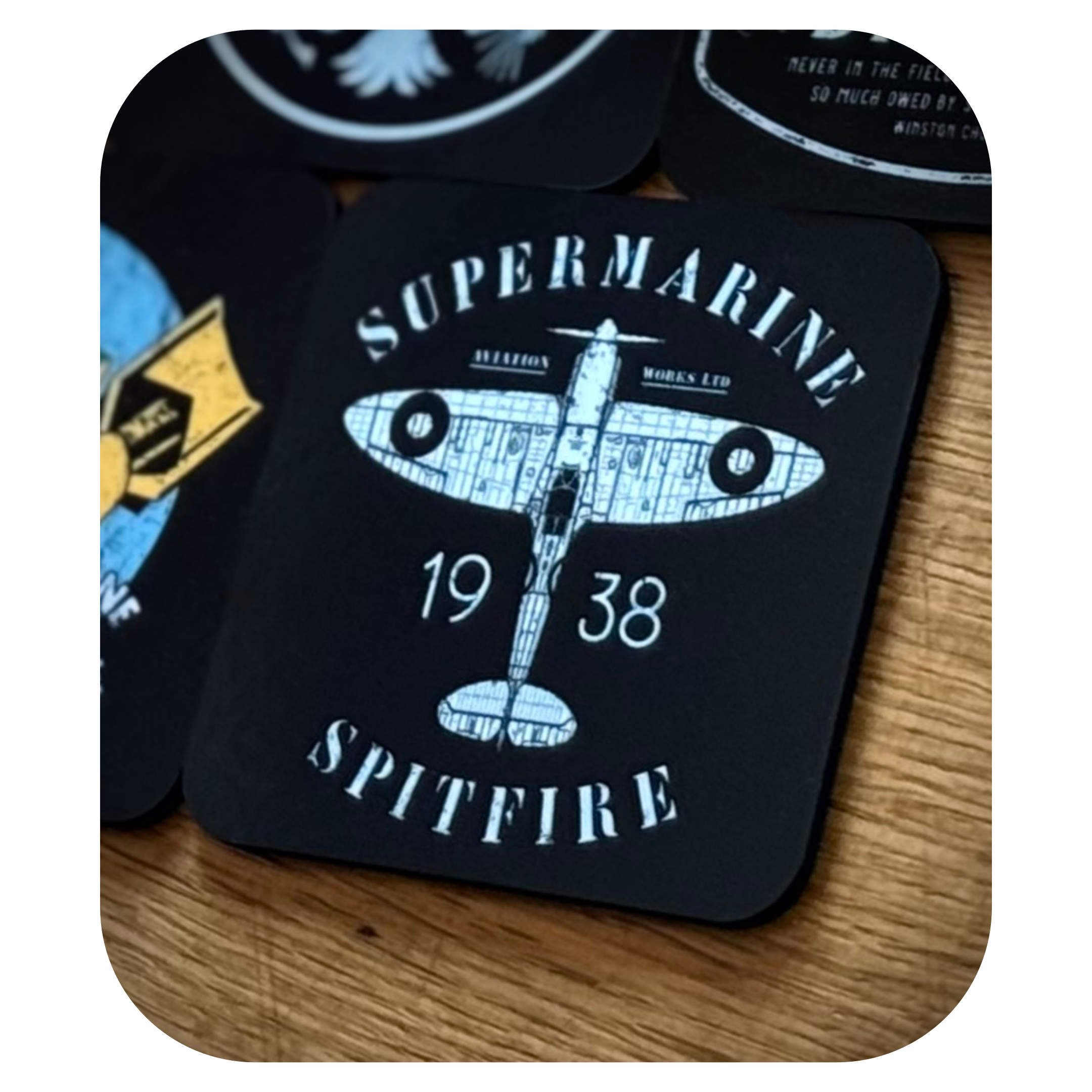Supermarine Spitfire 1938 First Entered Service Coaster featuring early-era WWII fighter aircraft blueprint