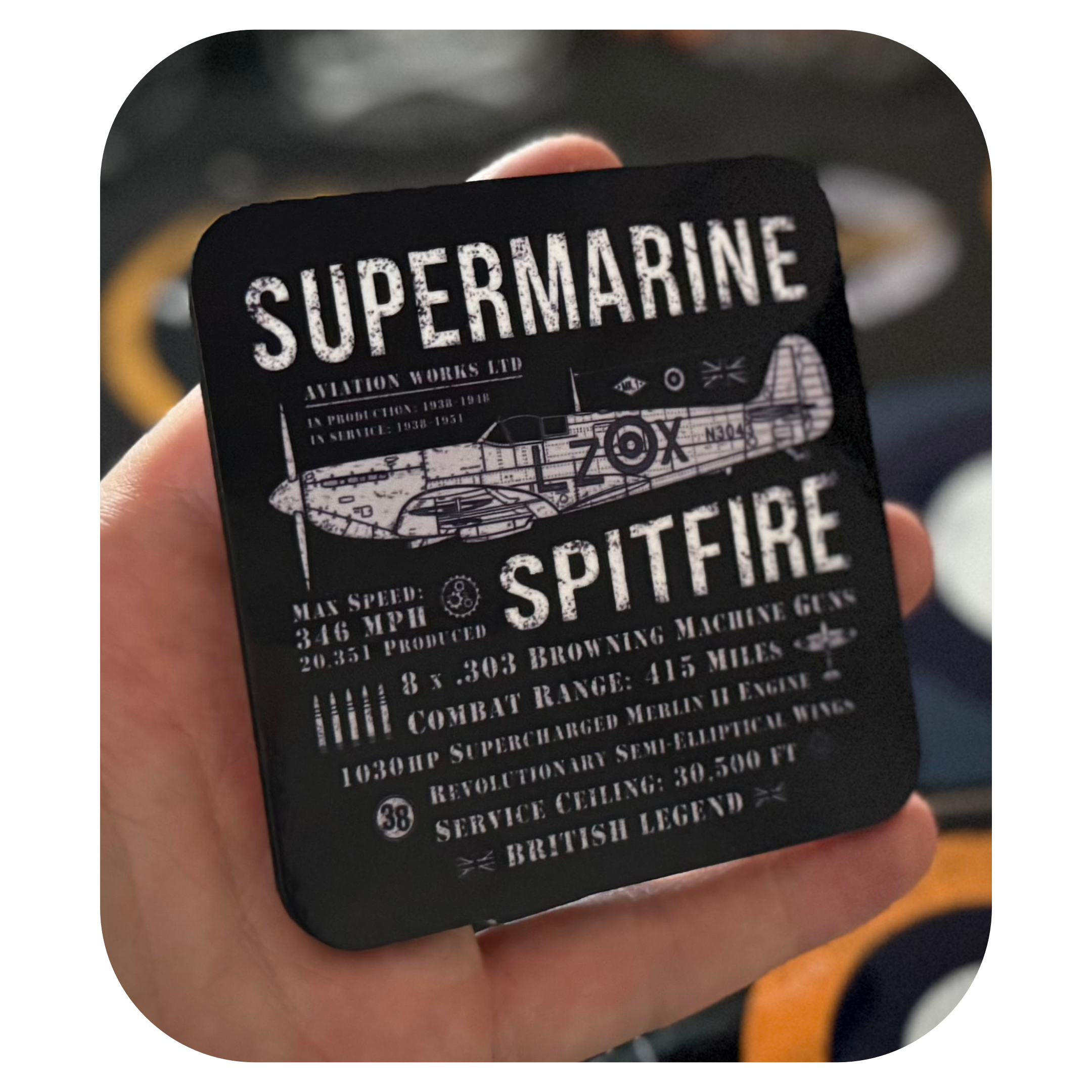 Supermarine Spitfire side-profile coaster with detailed WWII aviation illustration