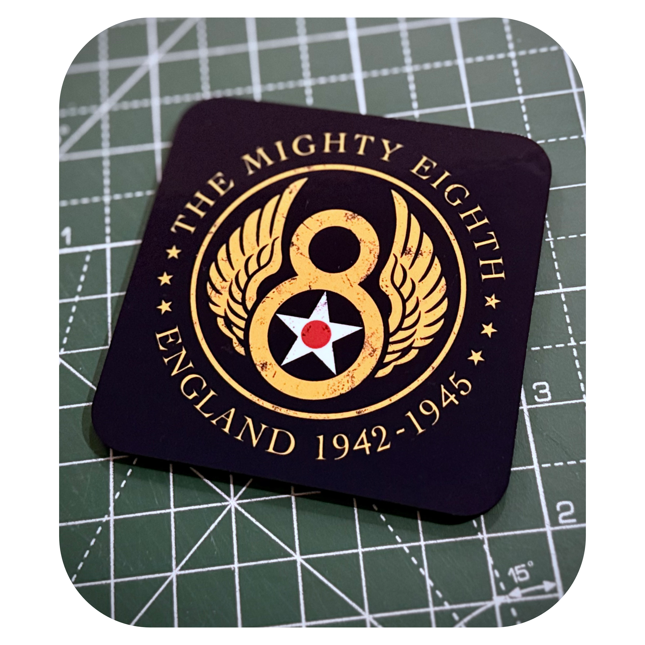 Mighty 8th Air Force WWII aviation coaster with iconic bomber group emblem