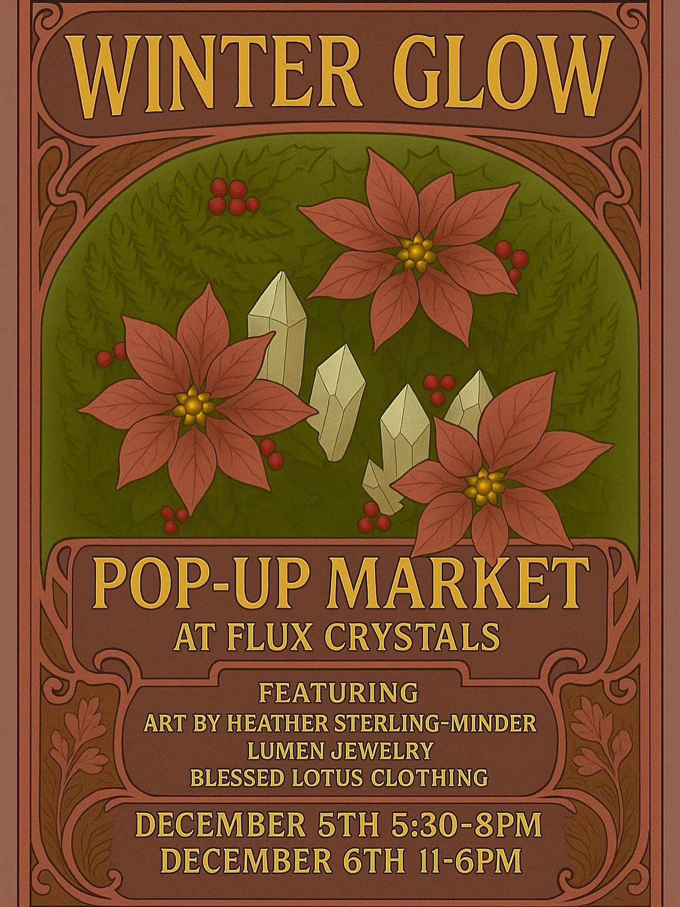 ✨ WINTER GLOW MARKET ✨
Your sparkle season starts here! ❄️💎

Join us at Flux Crystals for the ultimate Winter Glow Up &mdash; Where curated crystal shop cozy vibes collide with creativity. ✨
December 5th &amp; 6th at Flux Crystals

Local artisans @b