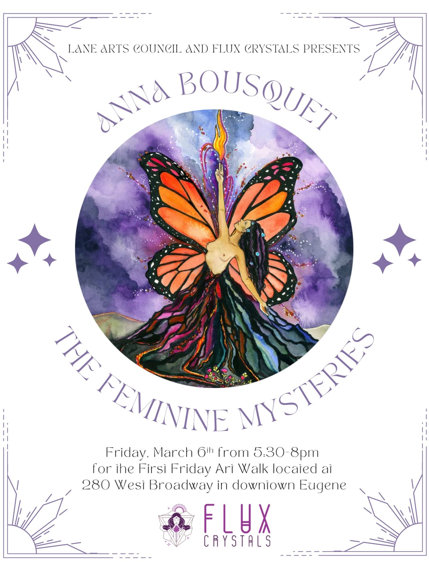 Anna Bousquet&rsquo;s latest paintings dive deep into The Feminine Mysteries 🌹 Join us this Friday to view Anna&rsquo;s collection of original art at Flux Crystals. We are on the route for @laneartscouncil First Friday Art Walk. Come in between 5:30