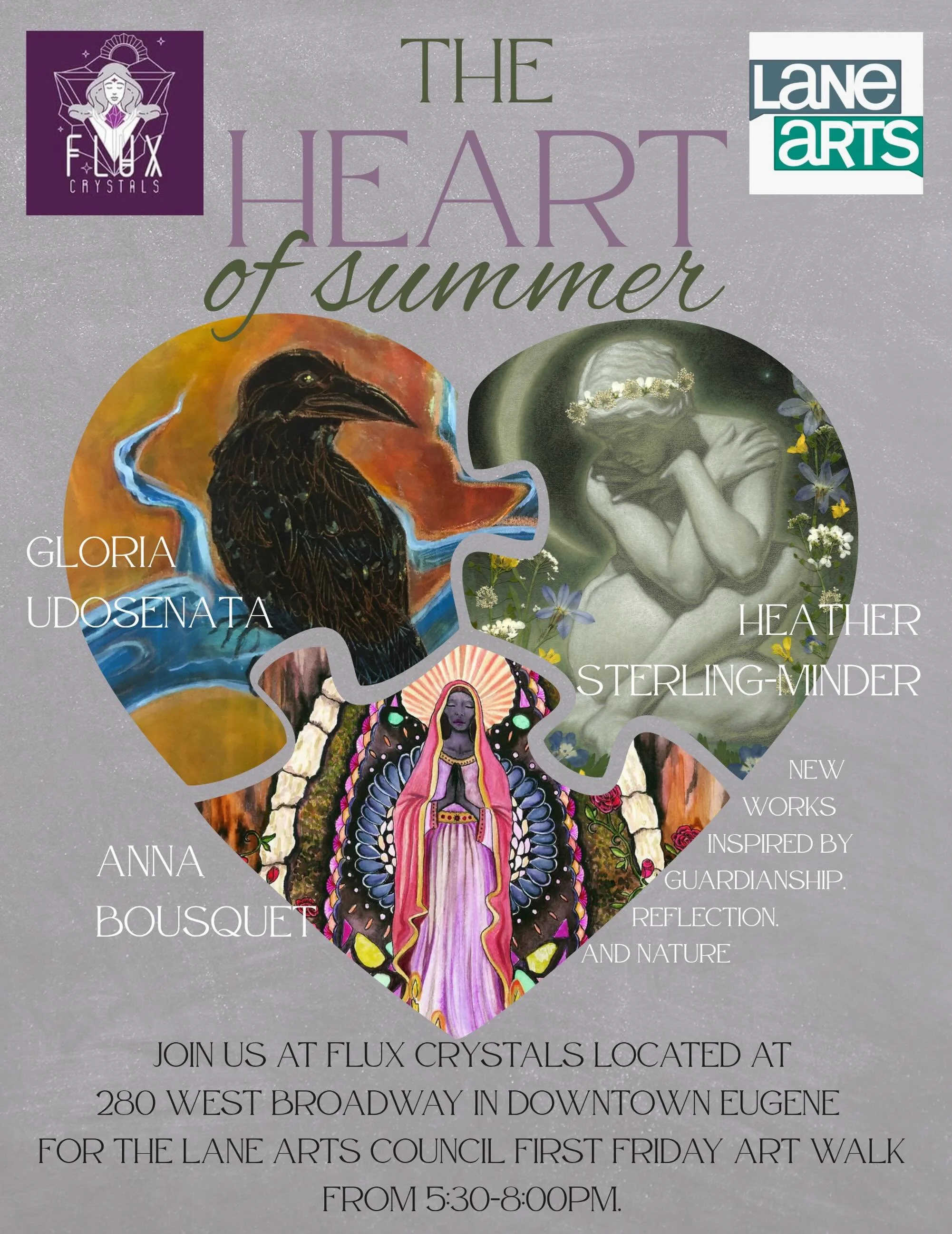 This FRIDAY join us for an evening of community, crystals, local art, and music at Flux Crystals 🌹 Explore downtown venues during @laneartscouncil First Friday Art Walk 

Featured Artists: @heather.sterlingminder @annasbreath @queenofheartsgallery 
