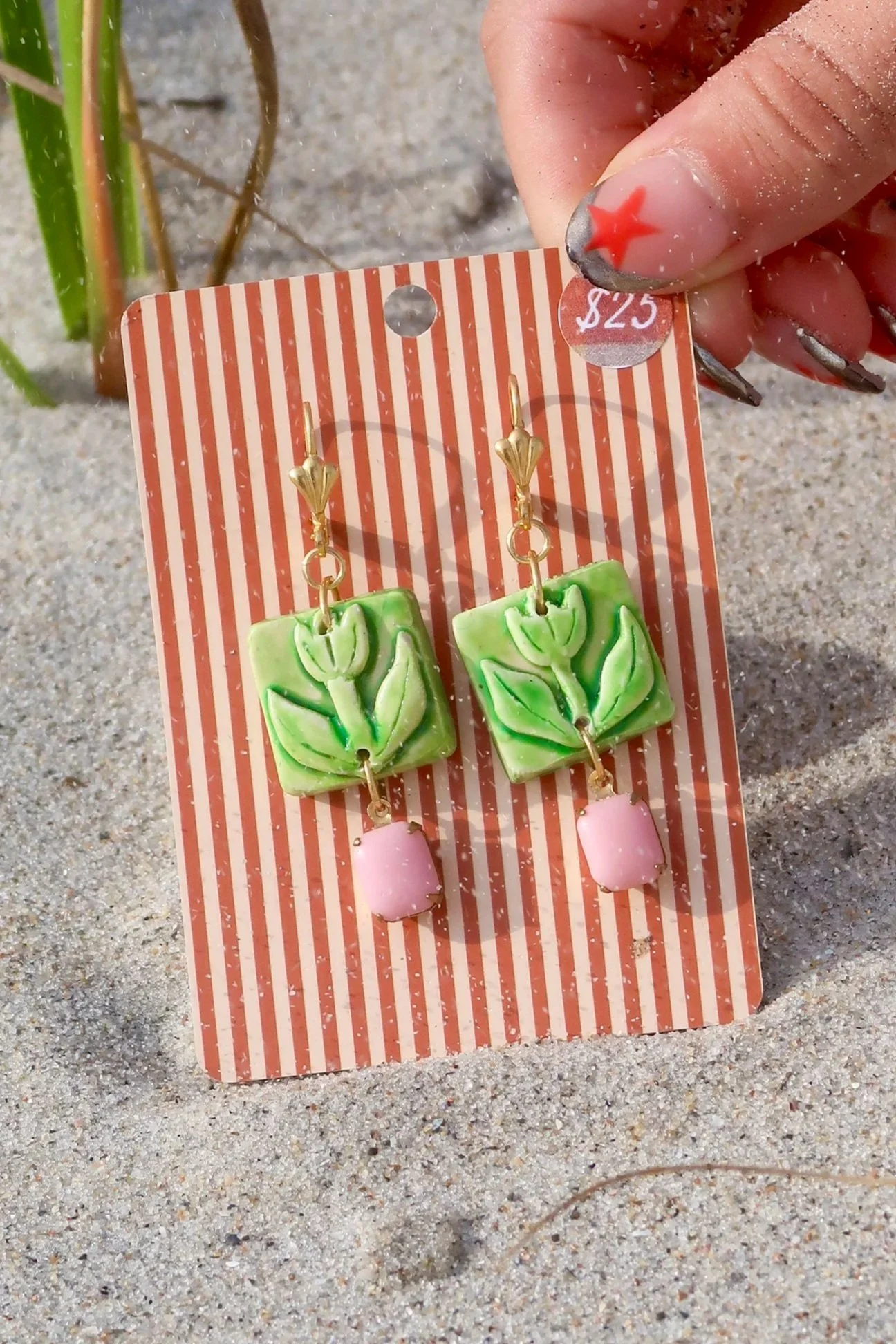 Green Floral Tile Earrings