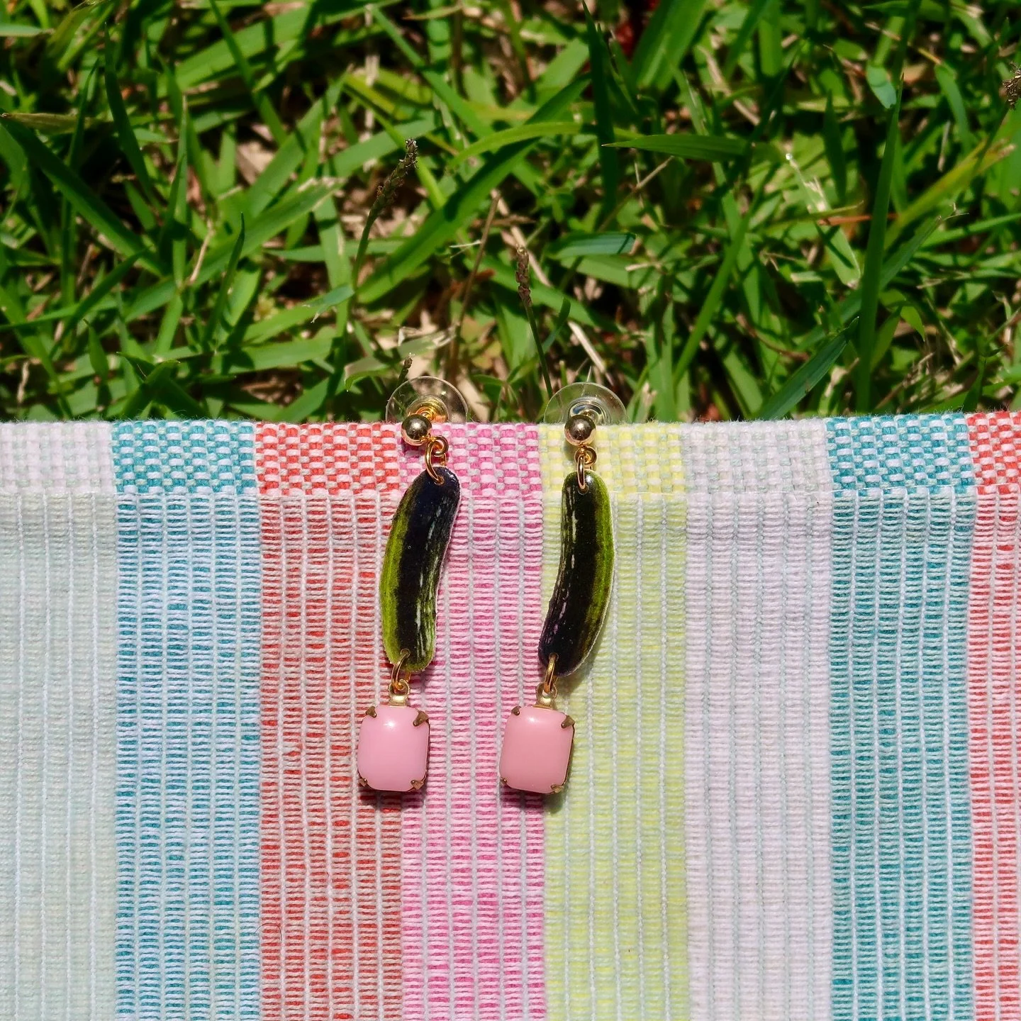 Summer picnic selections 🥒🐞🧺🐛👖

_________
Check out my website to find available jewelry &amp; prints!

Feel free to email or DM me if you want a custom piece / something that&rsquo;s sold out.

#jewelry #handmadejewelry #earrings #earring #earr