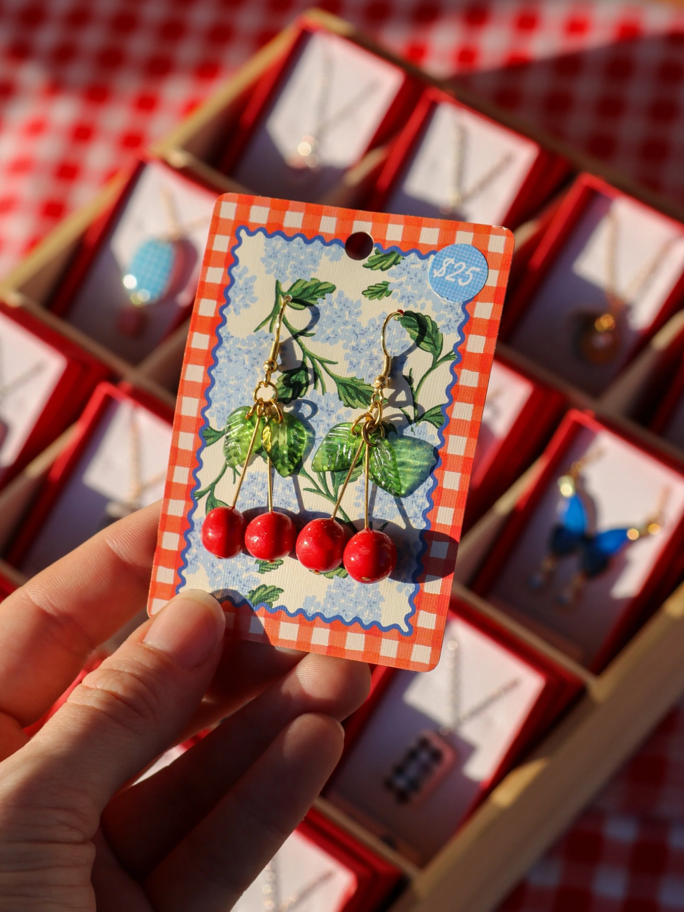 Made a mini version of the cherries for those who don&rsquo;t like a huge dangle 🍒 -

Stop by @shop.two.three to take a look this week!