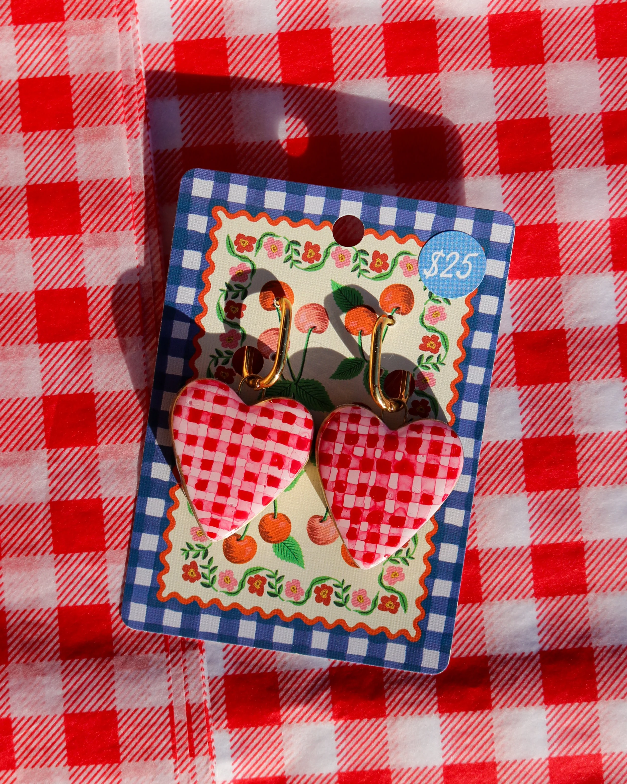 Red Gingham Heart Hoop Charms