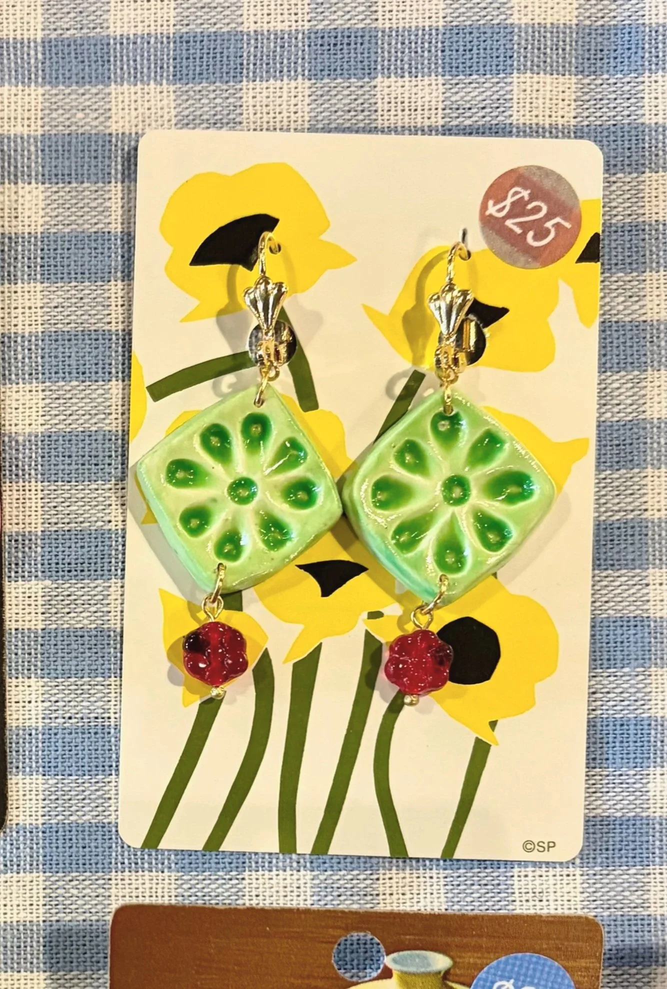 Green Flower Tile Earrings