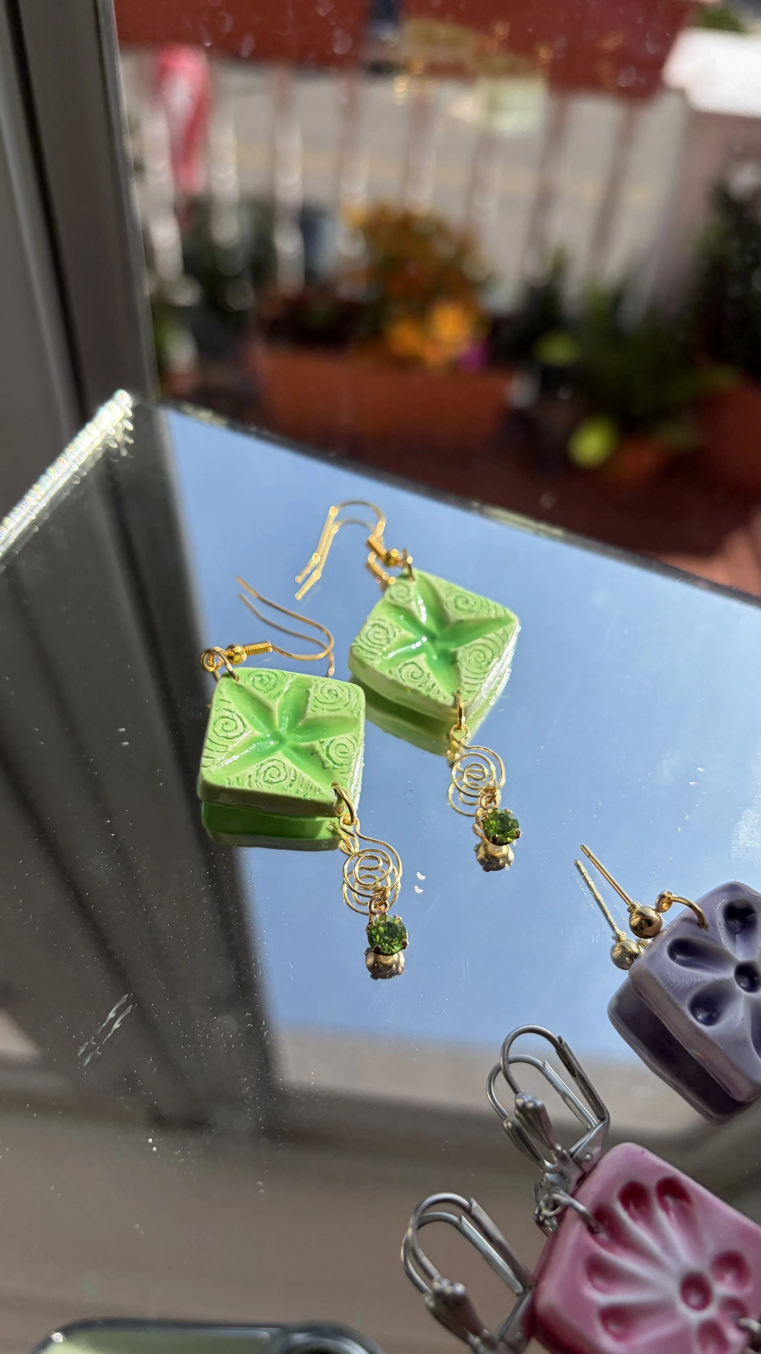 Green Swirly Star Tile Earrings