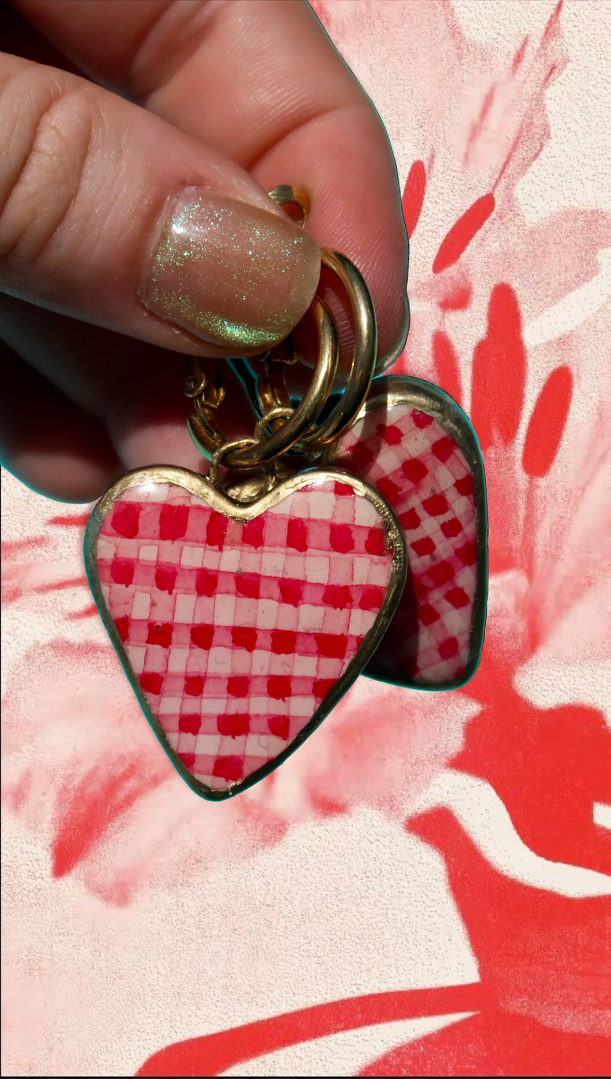Red Gingham Heart Hoop Charms