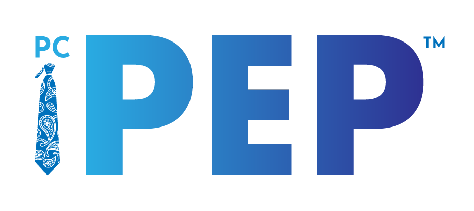 Logo for PC PEP featuring the text 'PC PEP' with a paisley patterned tie attached to the 'P' and a blue gradient color scheme.