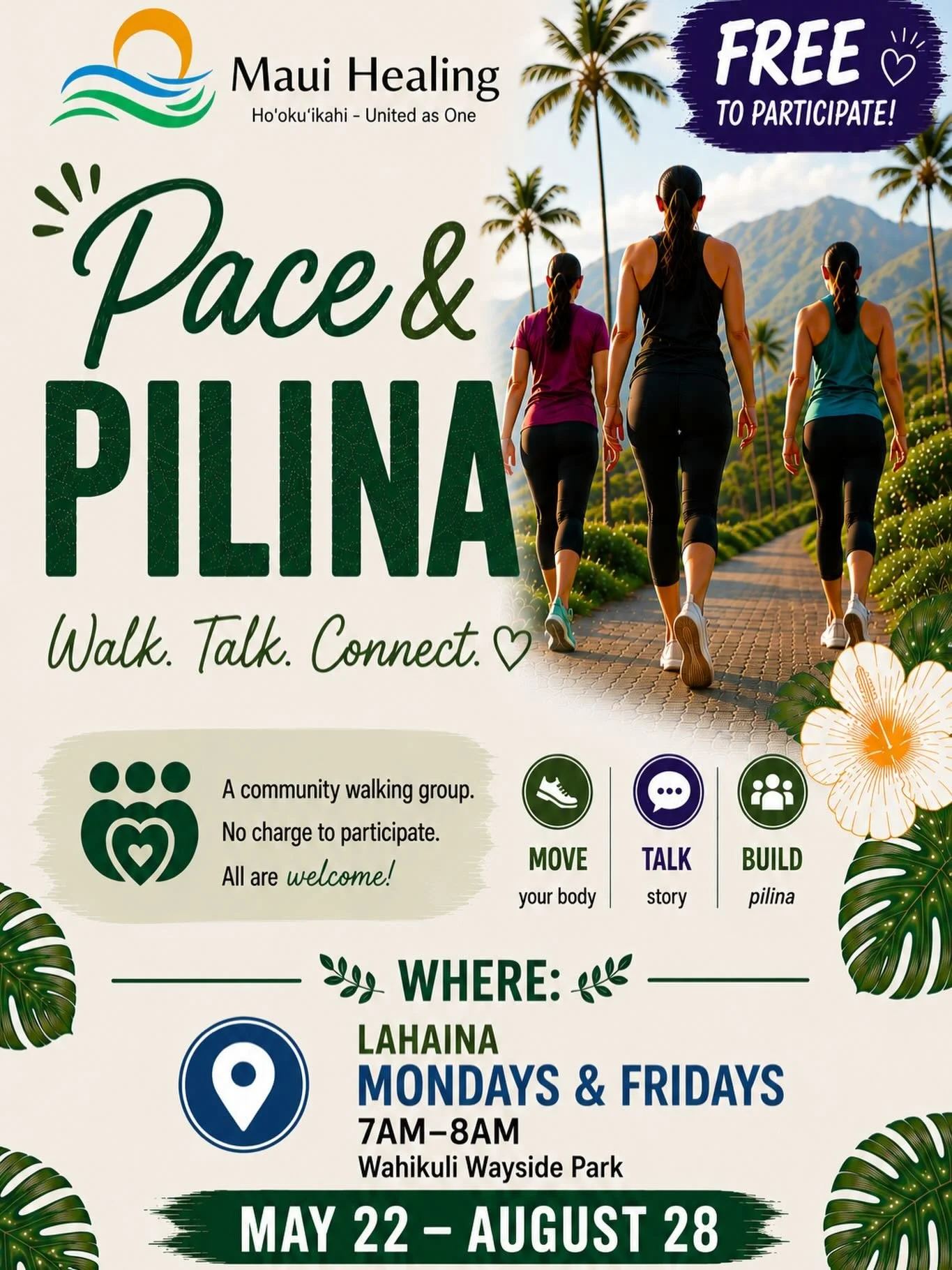 Come walk with us, Mondays &amp; Fridays 7am-8am at Wahikuli Wayside Park. Community walking group! No charge! Pace &amp; Pilina! Stronger together. Healthier together. Connected forever. 💜&hearts;️💙 #pacepilina #mauihealinghi #walktalkconnect