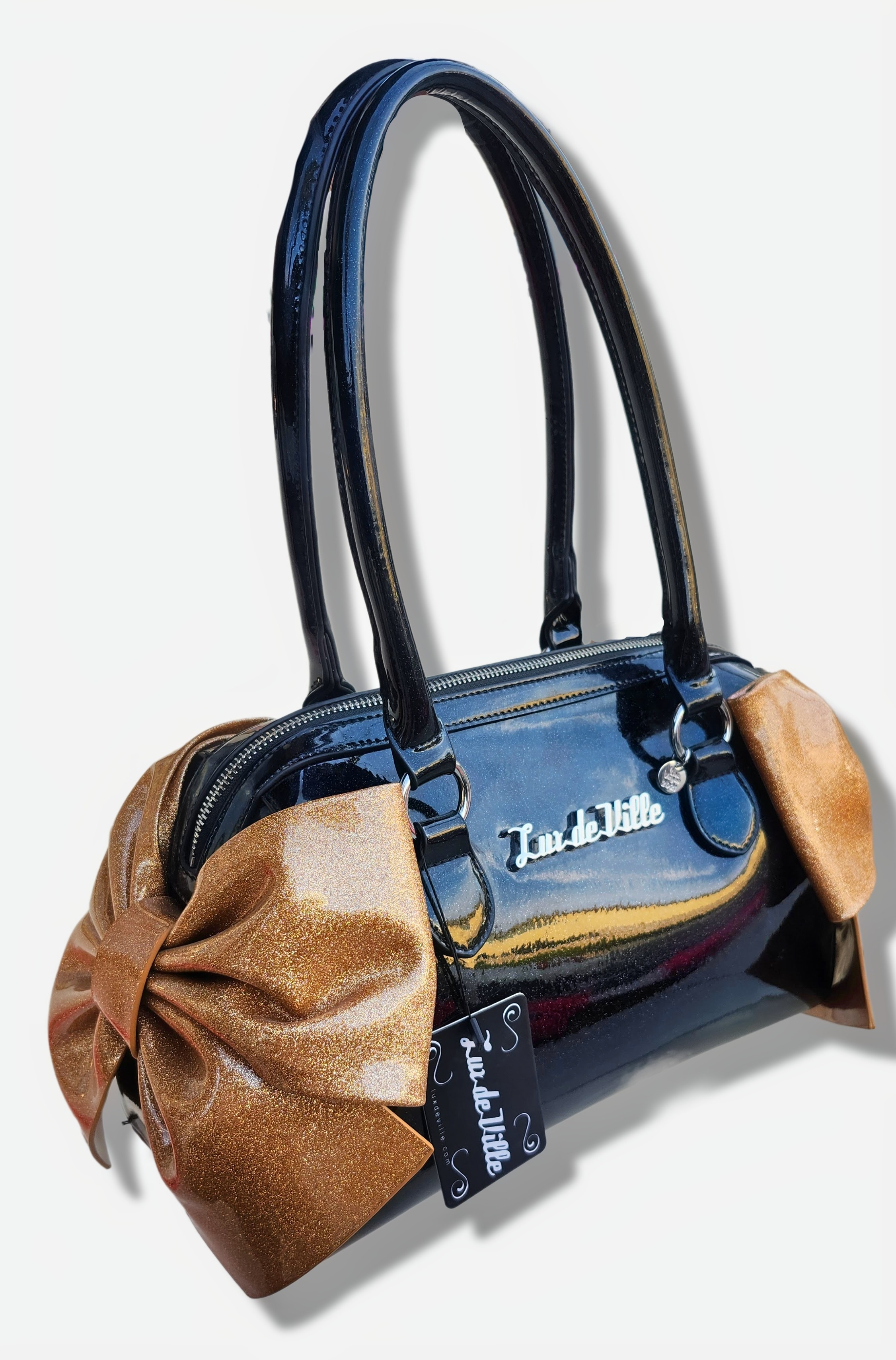 Lux de Ville Large Black Patent Leather Gold Bow Purse