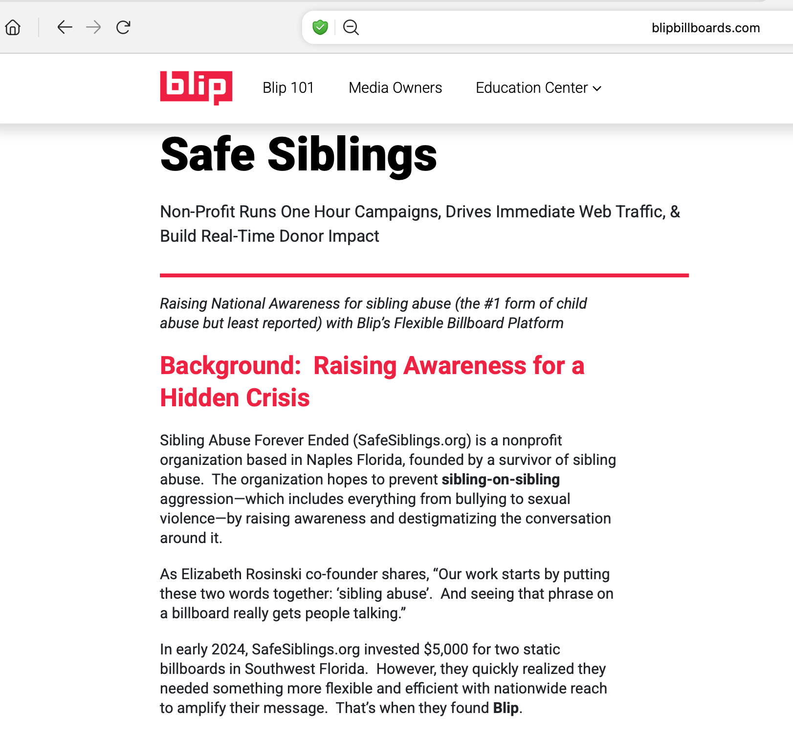 Screenshot of a webpage from blipbillboards.com titled 'Safe Siblings.' The page discusses a nonprofit campaign raising awareness for sibling abuse, with a focus on preventing sibling-on-sibling aggression, featuring bold red and black text.
