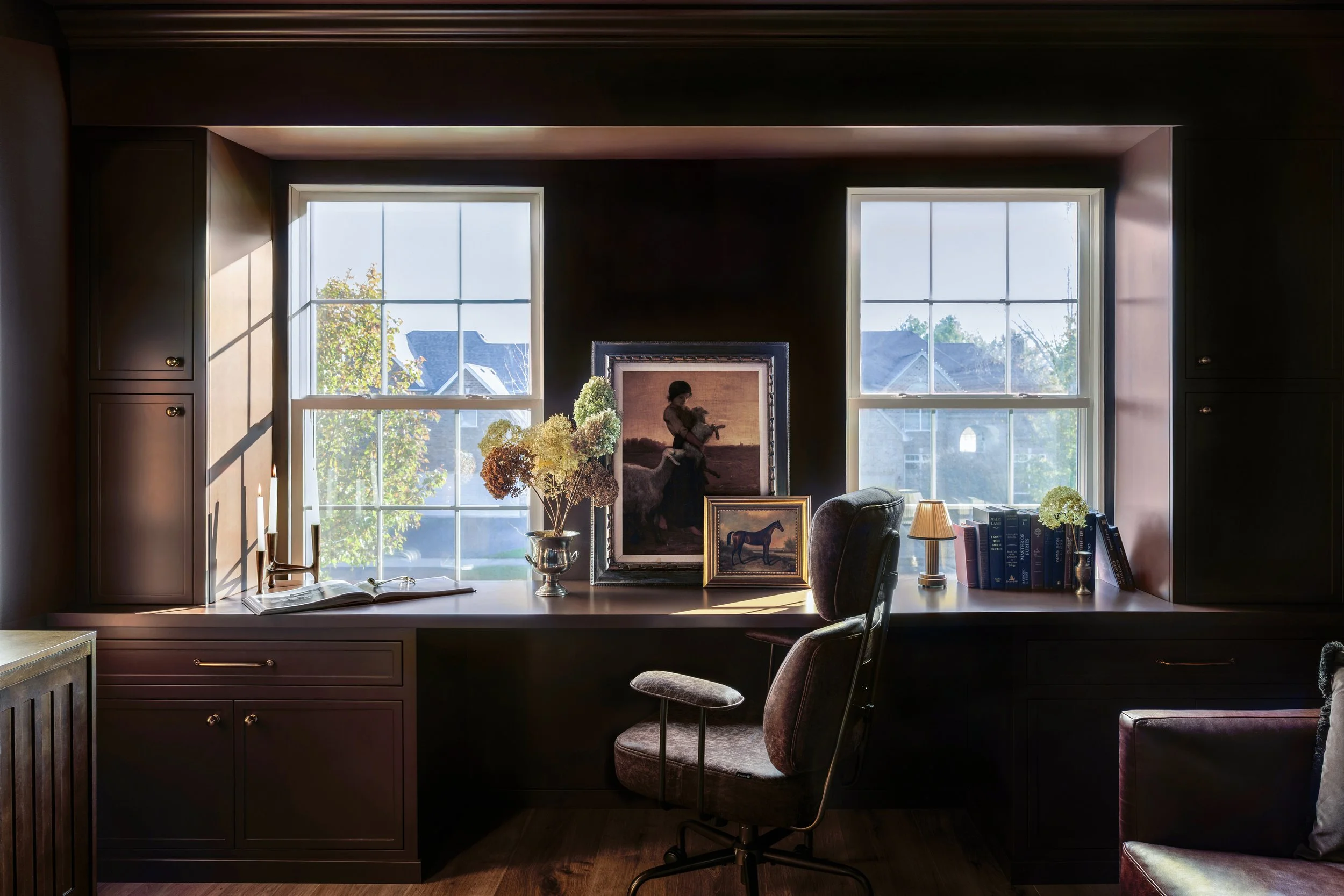 Custom home office renovation with custom-built-ins and luxury speakeasy vibes