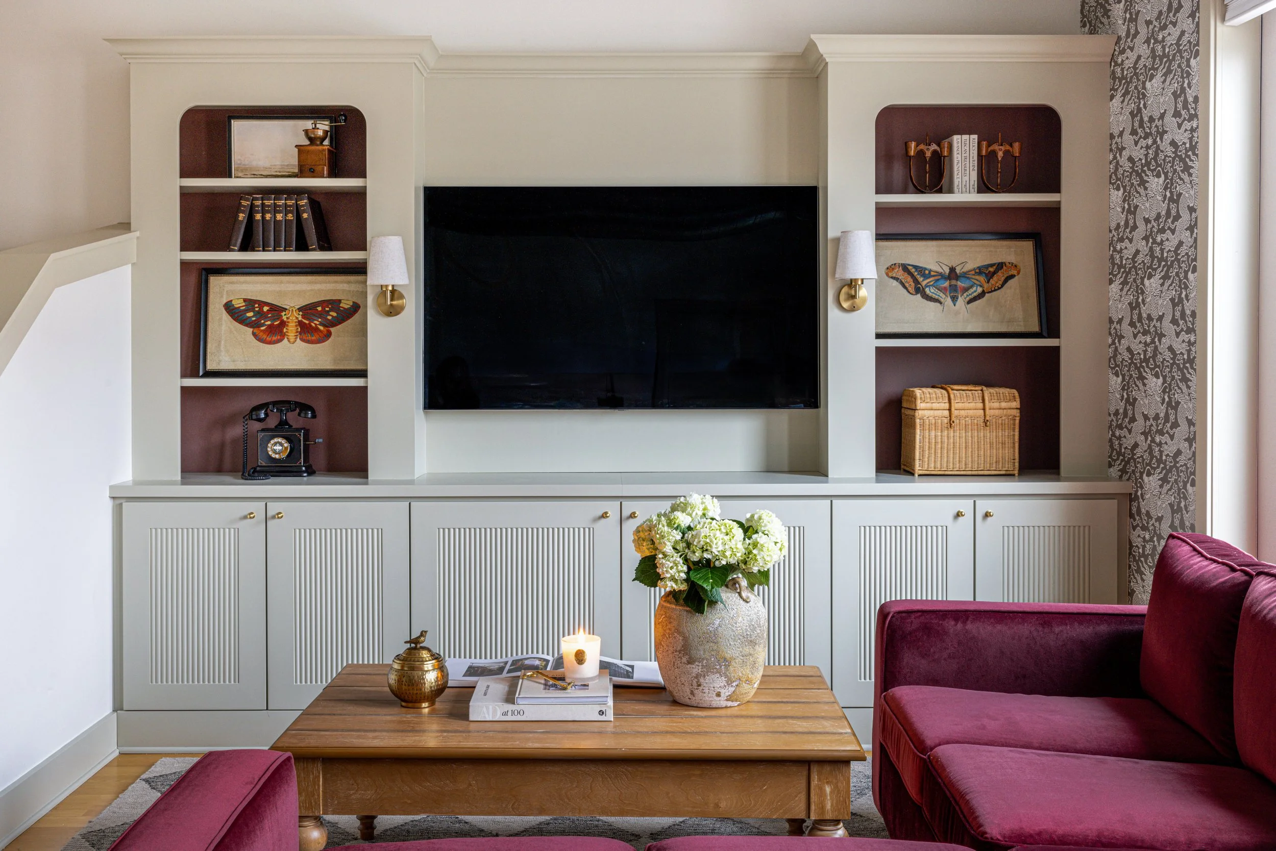 Beautiful custom TV built-in cabinetry in high-end downtown Lemont home by Naperville interior designer MDLN Interiors