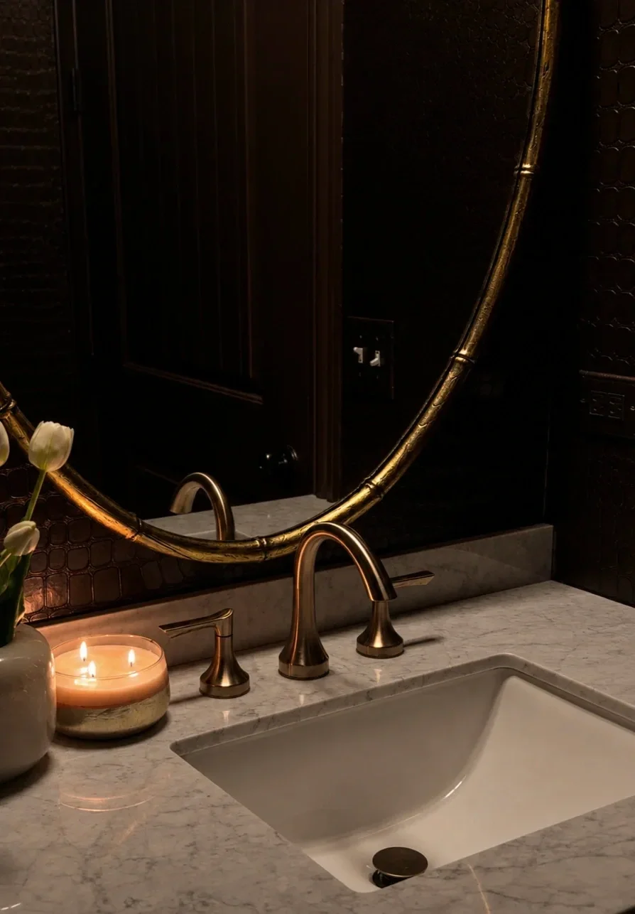 Moody and luxury powder bathroom designed by Naperville Interior Designer with wallpaper and custom bathroom vanity