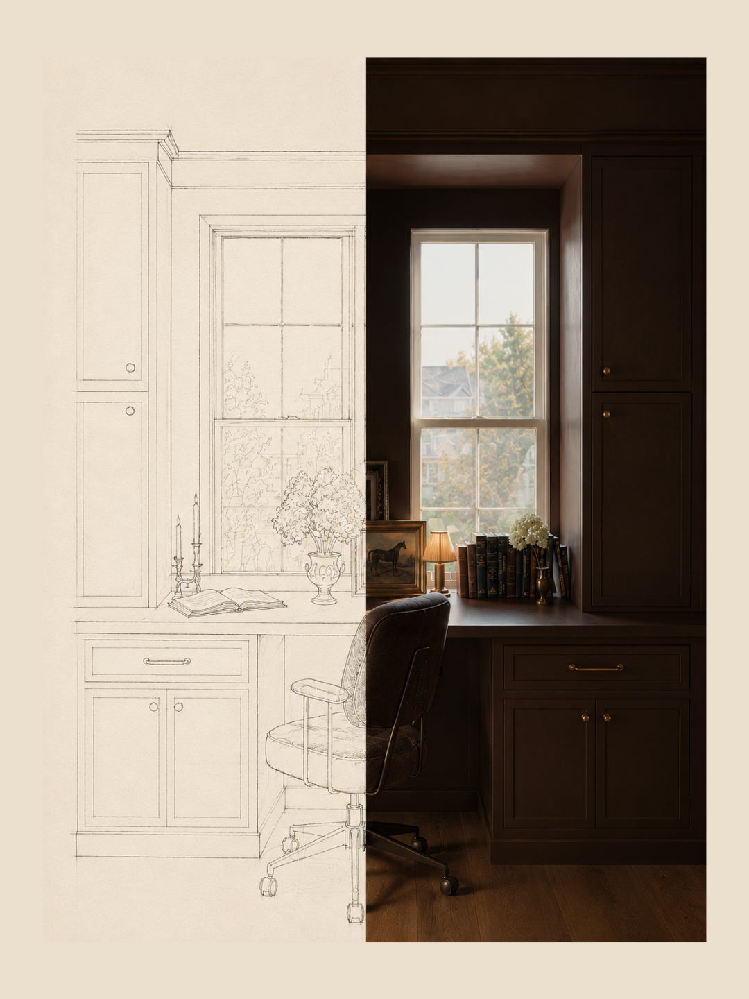 Custom rendering of custom office built-ins from residential Naperville interior designer MDLN Interiors