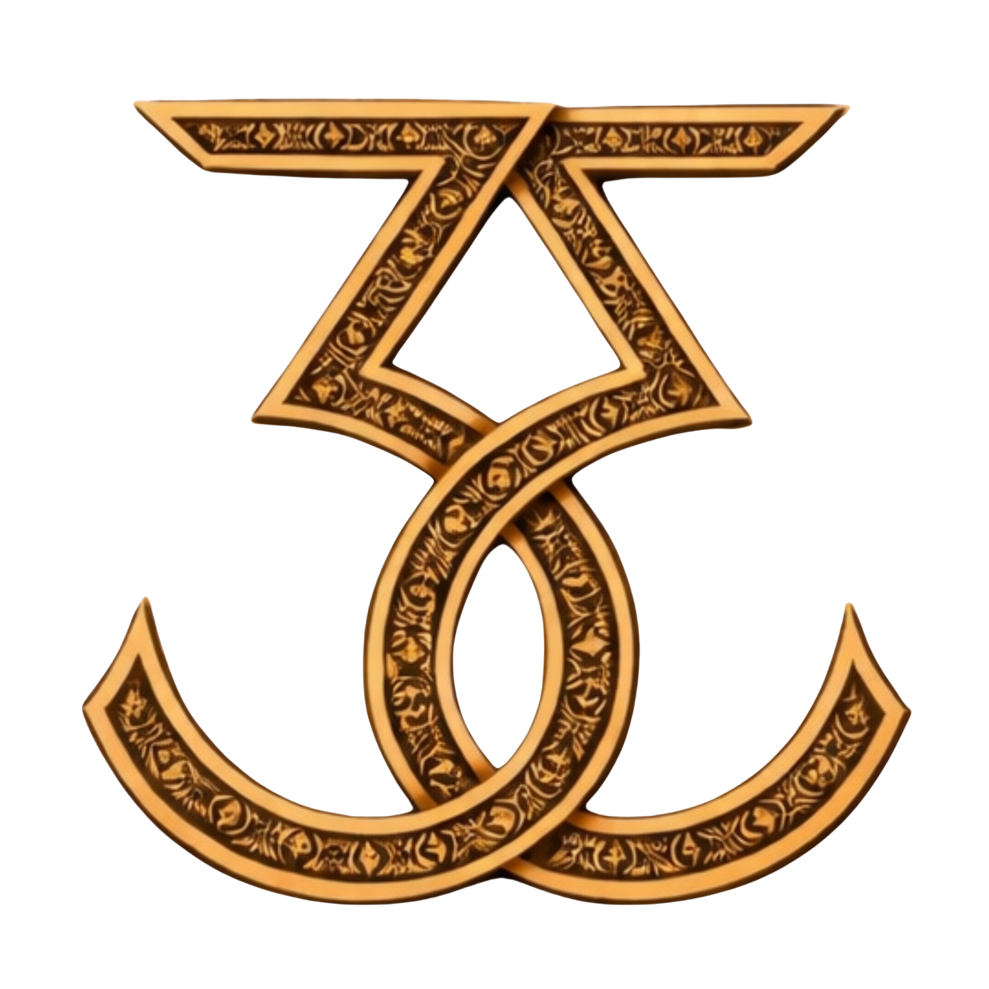 Gold star-shaped badge with ornate black and gold design patterns.