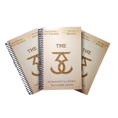 Three spiral-bound notebooks with beige covers titled "The Humanity's Codex to Unification" featuring a decorative symbol, placed on a white background.