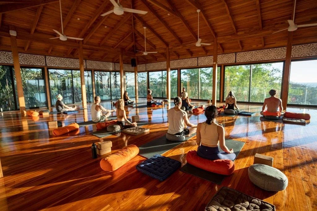 Retreat guests in an outdoor movement class surrounded by Costa Rican rainforest