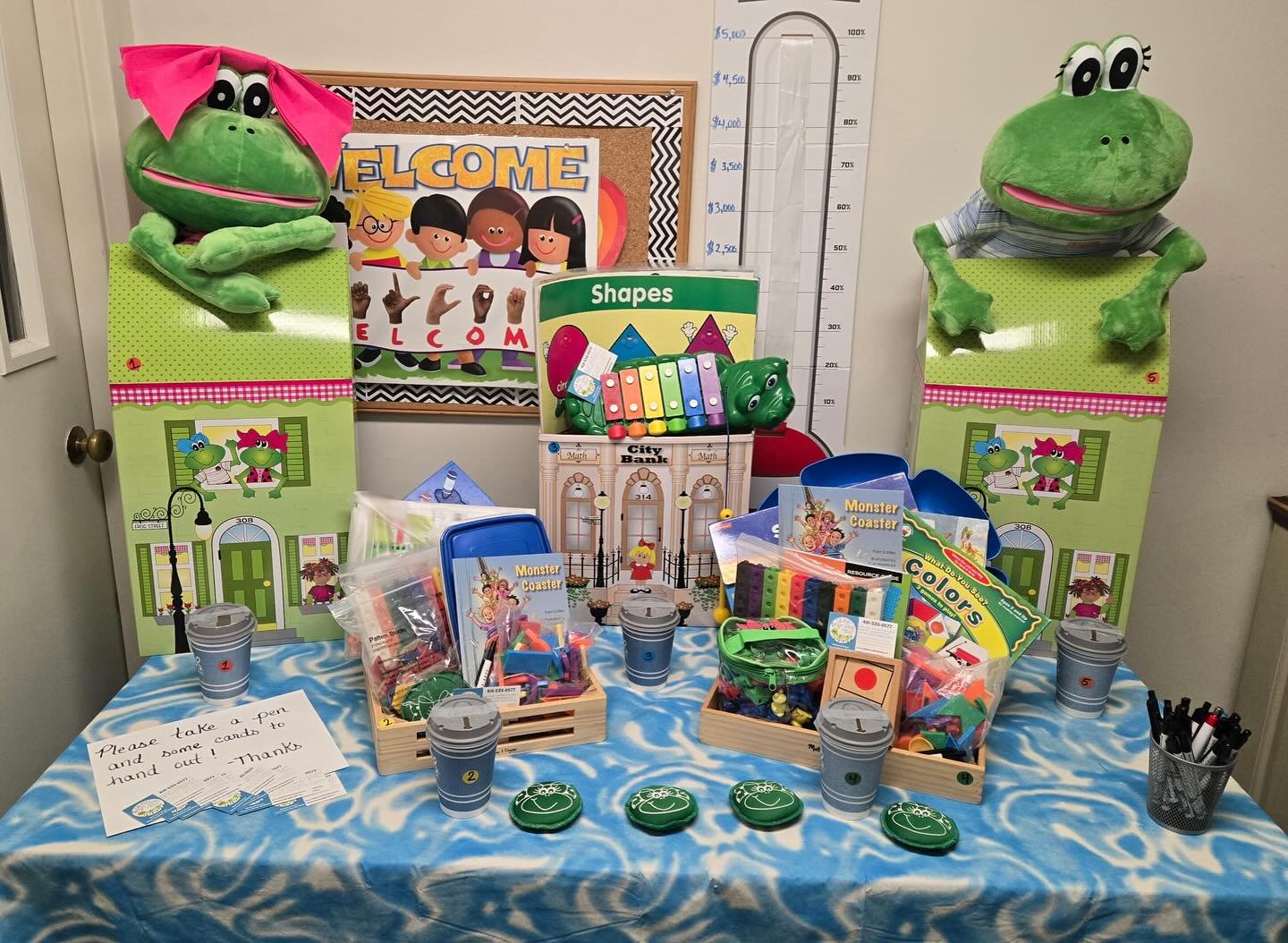 Hey parents! We are raffling off 5 prizes this week! We have 3 baskets filled with manipulatives, blocks, and toys and 2 HUGE stuffed frogs with carrying cases. Each raffle ticket costs $1 cash and you can purchase your tickets during Meet the Teache