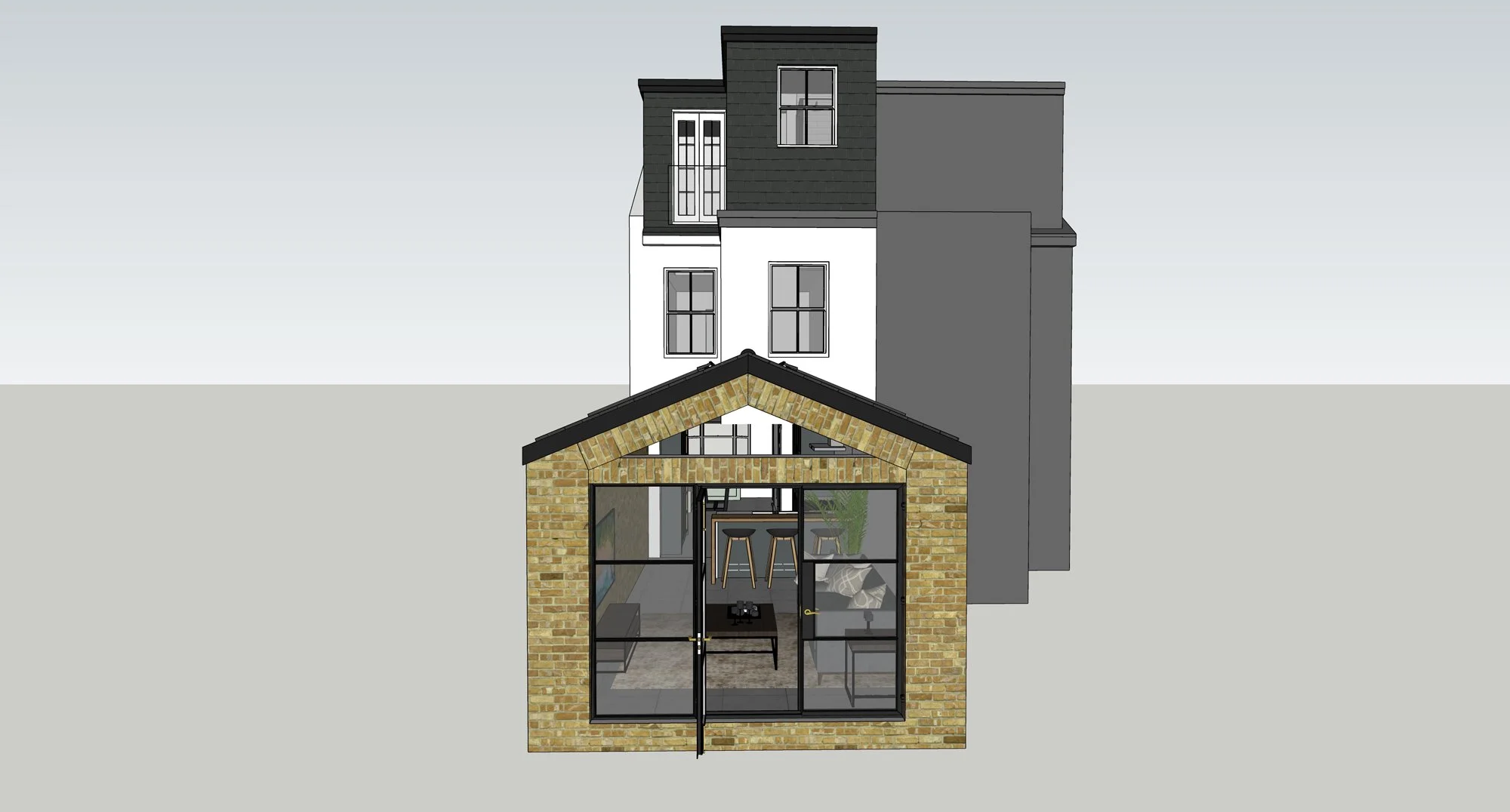 Raw Architects LTD — Architectural rendering of a modern, multi-story house with a combination of brick and white-painted walls, featuring large windows and a glass-enclos