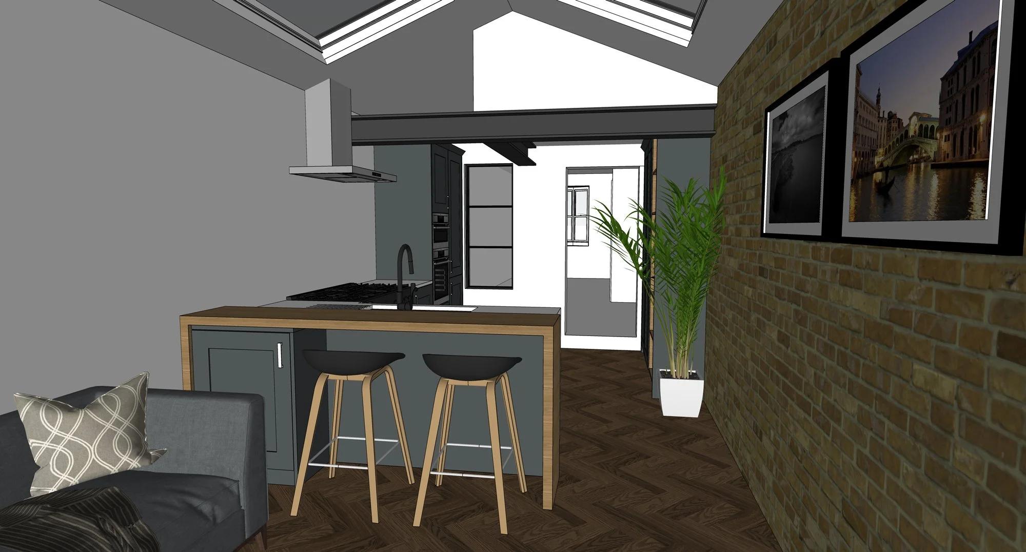 Raw Architects LTD — Interior view of a modern kitchen and living space with a brick accent wall, framed cityscape photos, a potted plant, a kitchen island with bar stools