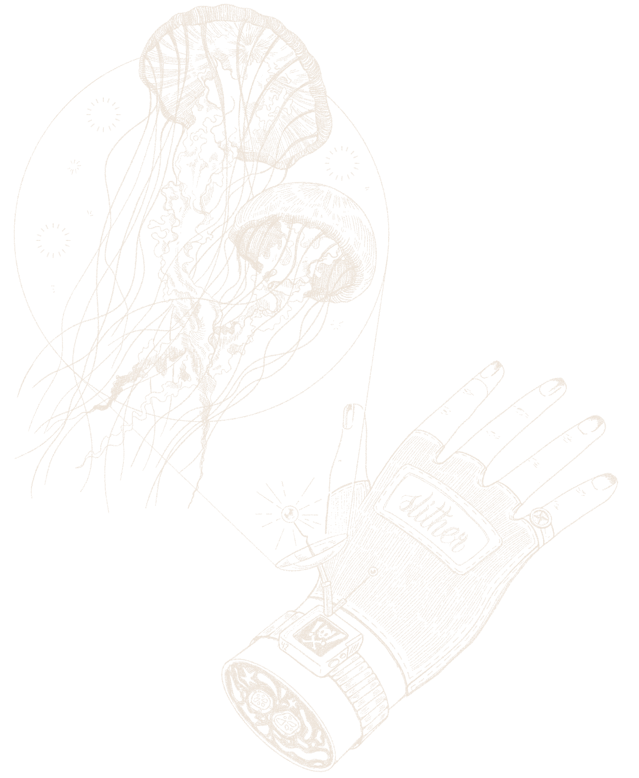 Black and white digital illustration of a hand wearing a glove labeled 'Stutter', with wires connecting it to two jellyfish floating in the background, and a small glowing light connected by a wire.