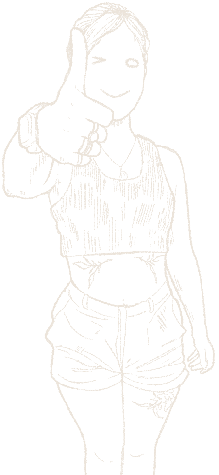 Sketch of a smiling woman making a thumbs-up gesture, wearing a tank top and shorts