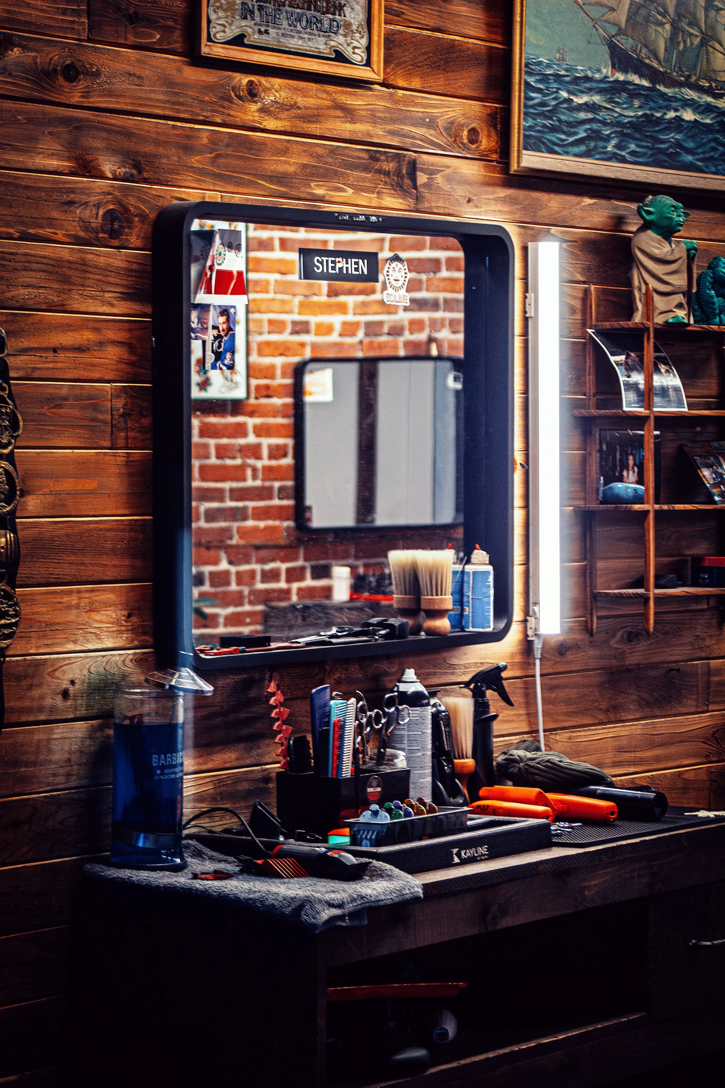 A barbers station at the Rebellion Barbershop located on Pandora in Victoria, BC.