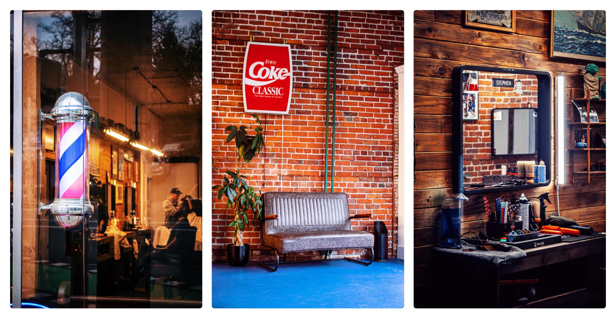 Interior of Rebellion Barbershop in Victoria, BC showing waiting area and shop details