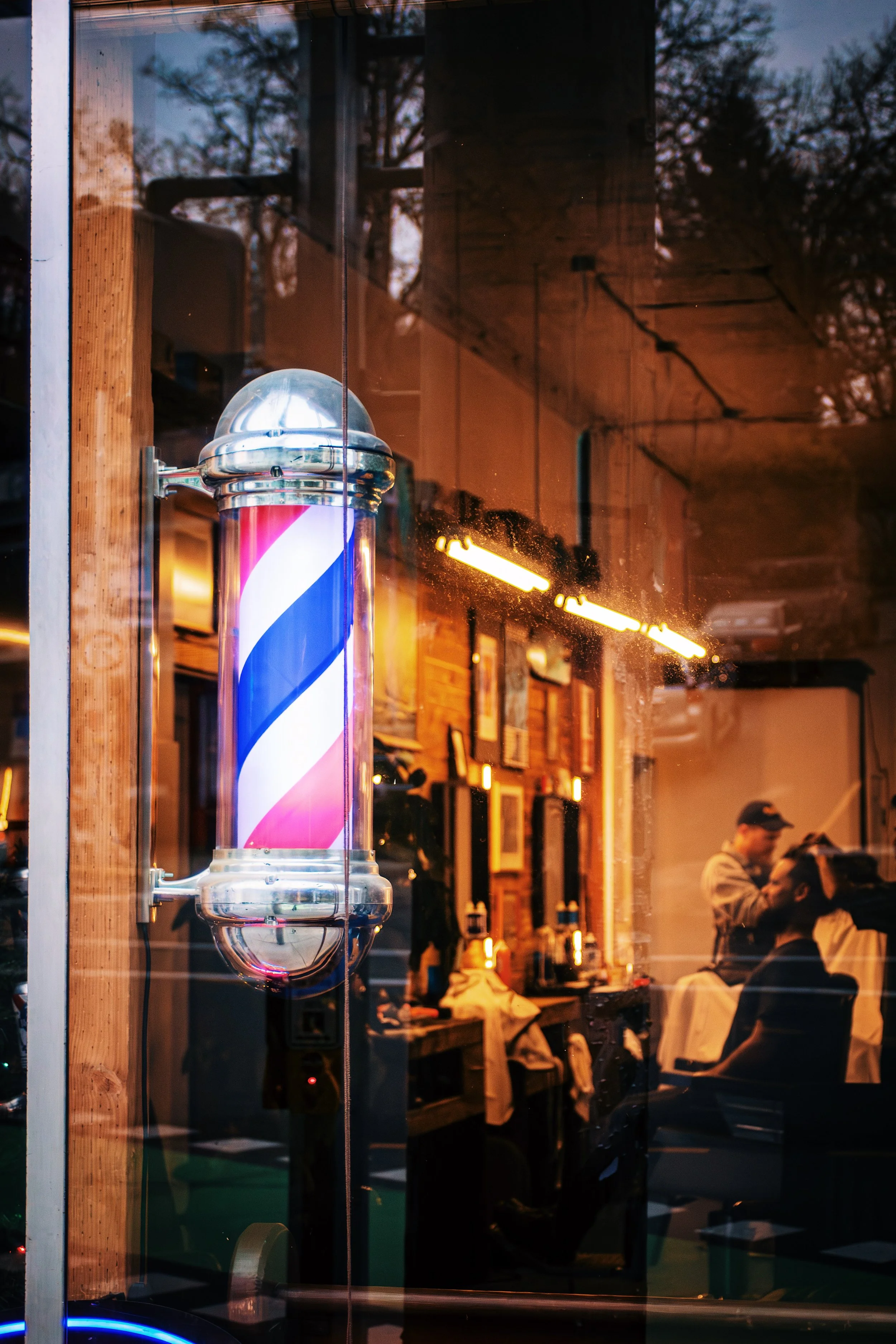 The barber pole at Rebellion Barbershop's Pandora location.