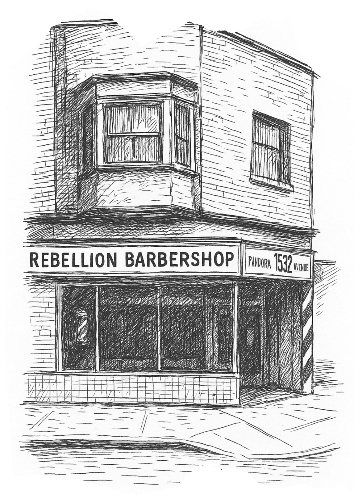 Hand-drawn sketch of Rebellion Barbershop at 1532 Pandora Avenue in Victoria BC