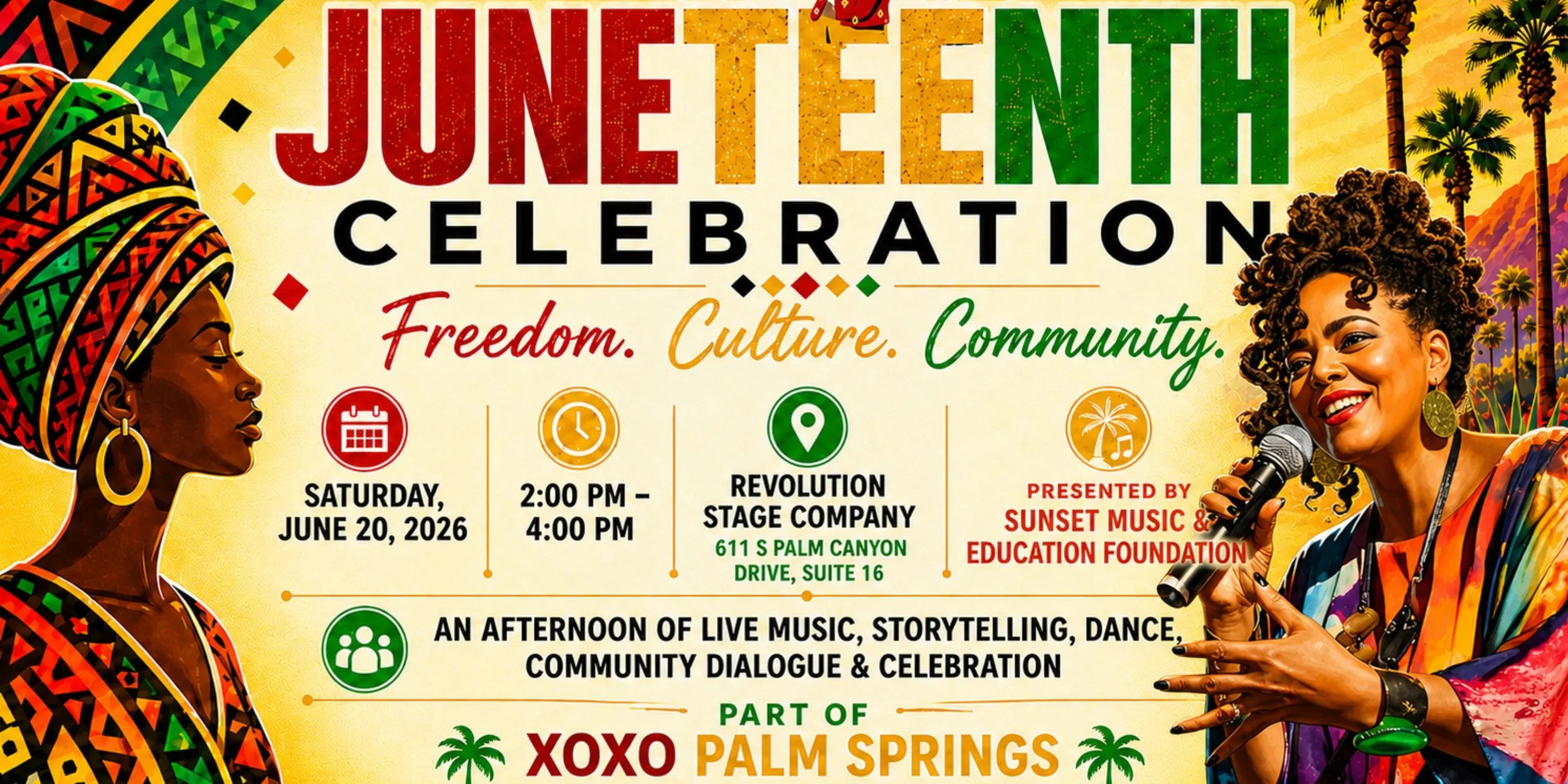 The Sunset Music and Education Foundation presents Juneteenth 2026 at Revolution Stage Company as part of Palm Springs’ XOXO Festival Weekend.