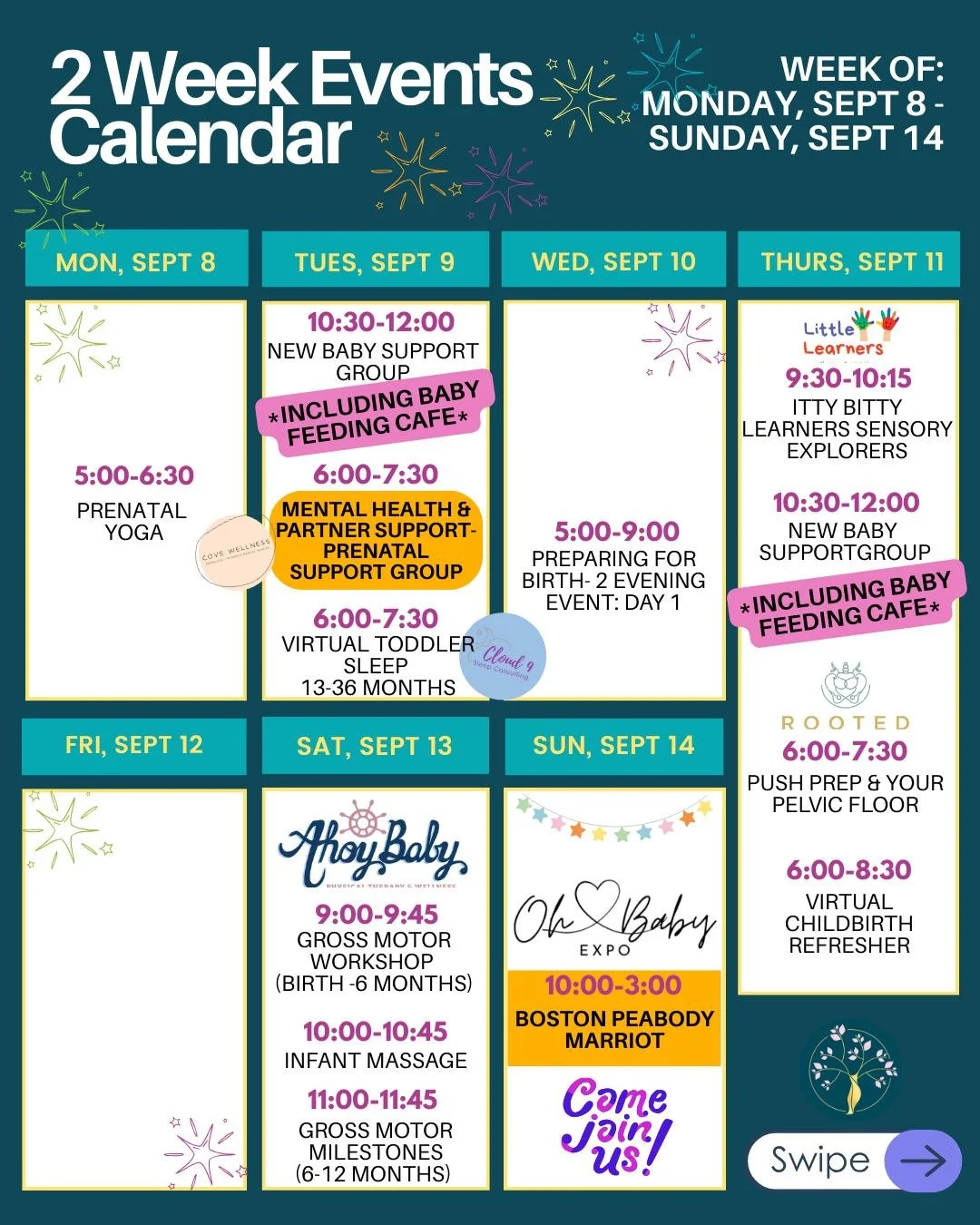 September here we COME!

Sign up link in Bio!

This is what's happening the next two weeks. We have LOTS of special guests and pop-ups!!!!!! Sign up early! 

💪💪 💪 SUPPORT:

&bull; New Baby Group (aka: BABY FEEDING CAFE) @erndoula
&bull; Prenatal S