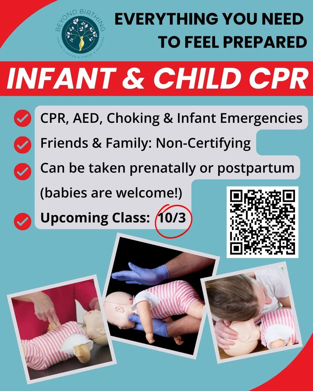 Infant/Child Choking 🚨, CPR ❤️&zwj;🩹, AED ⚡ &amp; Infant Emergencies 👶 

This class can be taken either prenatally 🤰 or postpartum 🤱.

👶 Babies are welcome to attend!

This is a fully in-person class 🏥 where we discuss the concepts of lifesavi