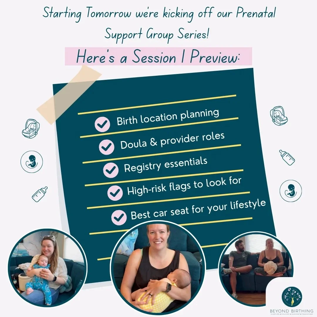 Starting Tomorrow we're kicking off our Prenatal Support Group Series!

Here's a Session 1 Preview: 

✔️ Birth location planning
✔️ Doula &amp; provider roles 
✔️ Registry essentials 
✔️ High-risk flags to look for 
✔️ Best car seat for your lifestyl