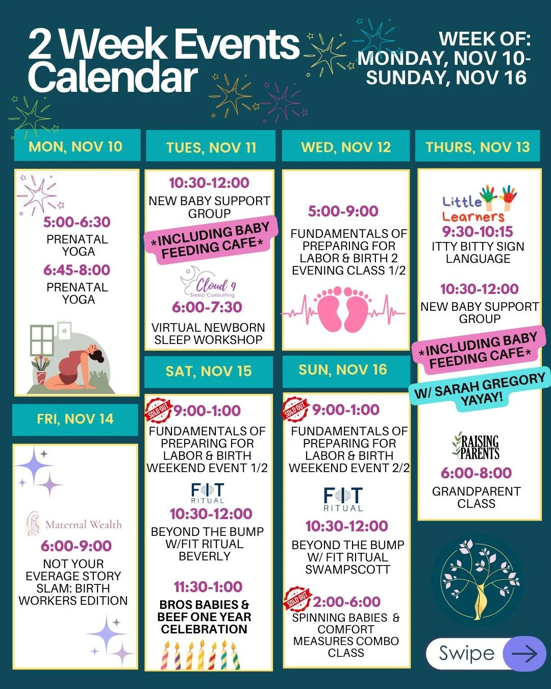 **UPDATED SCHEDULE!**
🍁✨New season, new connections, same loving village !! 🍁✨

Sign up links in Bio!
This is what's happening the next two weeks. We have LOTS of special guests and pop-ups!!!!!! Sign up early!

💪💪 💪 SUPPORT:

&bull; New Baby Gr
