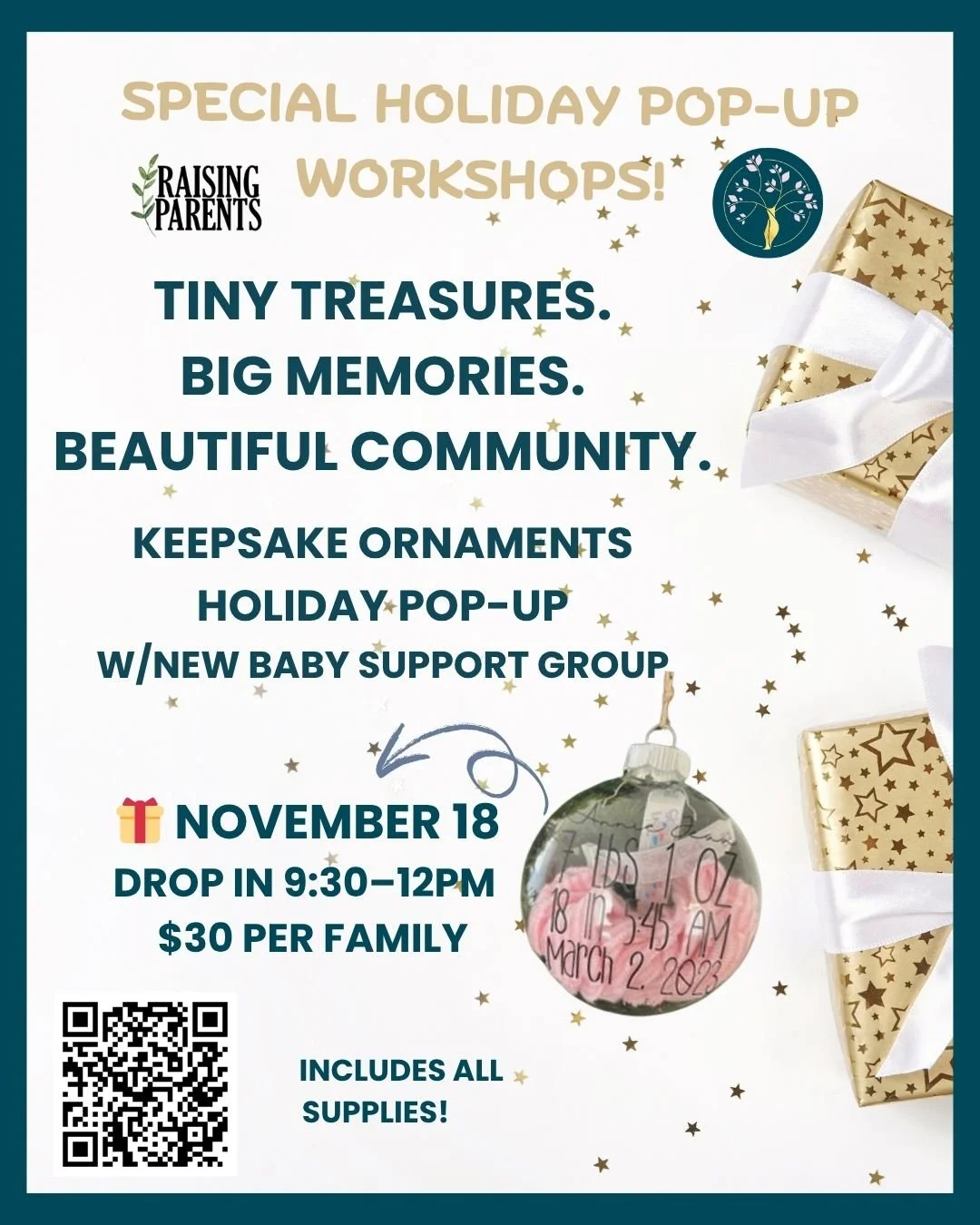 Get those holiday gifts out of the way &mdash; and make something truly meaningful! 🎁
Join us for a Holiday Keepsake Ornament Pop-Up + New Baby Support Group 💕
$30 per family | Drop in anytime 9:30&ndash;12pm | November 18th.

✨ Make a keepsake orn