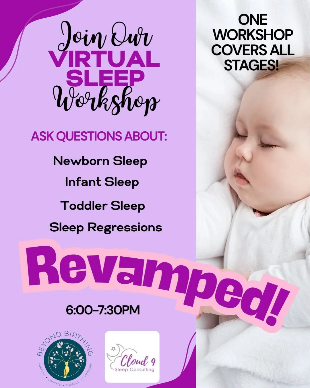 We&rsquo;ve revamped our VIRTUAL SLEEP WORKSHOPS! No matter what age, stage or question- we have got you! Join the amazing Kathryn of @cloud9_sleepconsulting for these twice monthly workshops where you can ask all those questions about sleep for you 