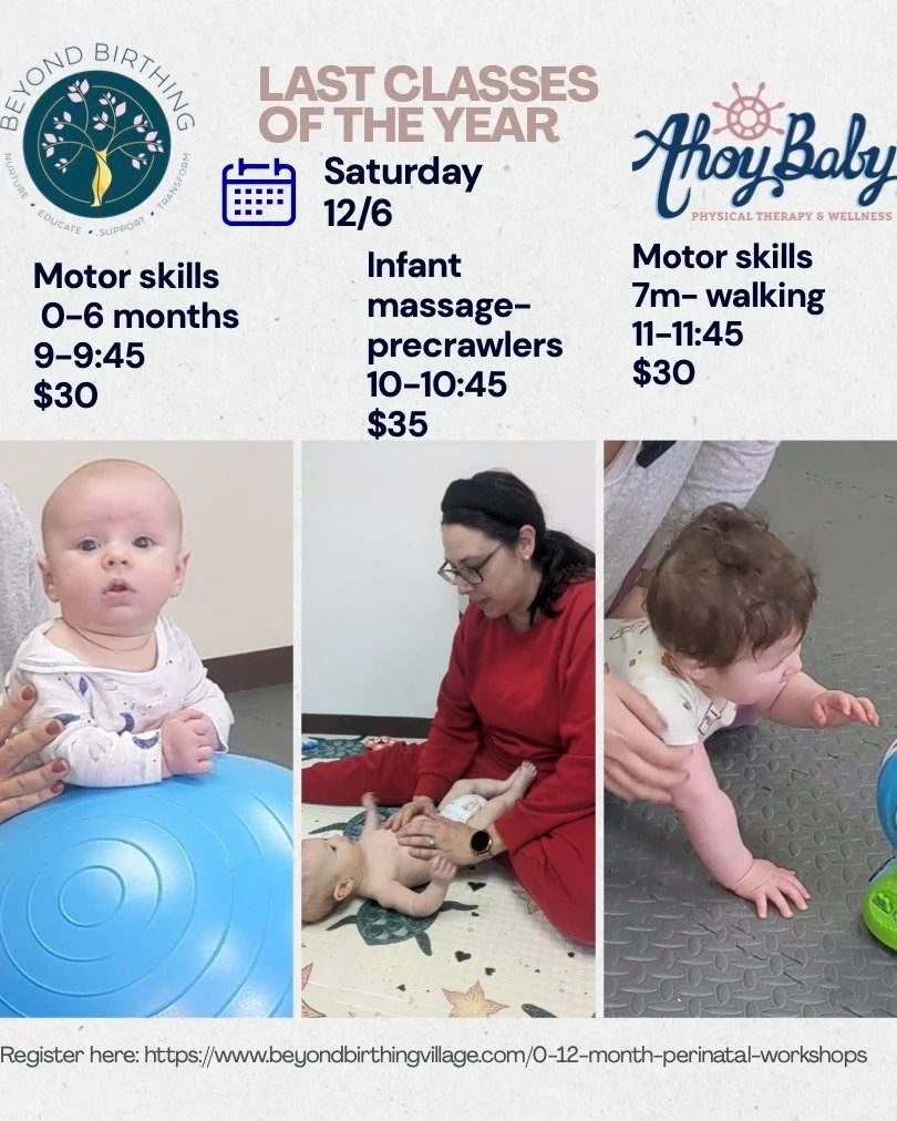 Wahoo! Meagan of @ahoybabypt is back for her AMAZING workshops! Happening this weekend, Saturday, Dec. 6! 

Meagan is one of the best Pediatric Physical Therapists on the North Shore. Come learn more about your child's development, rolling over, musc