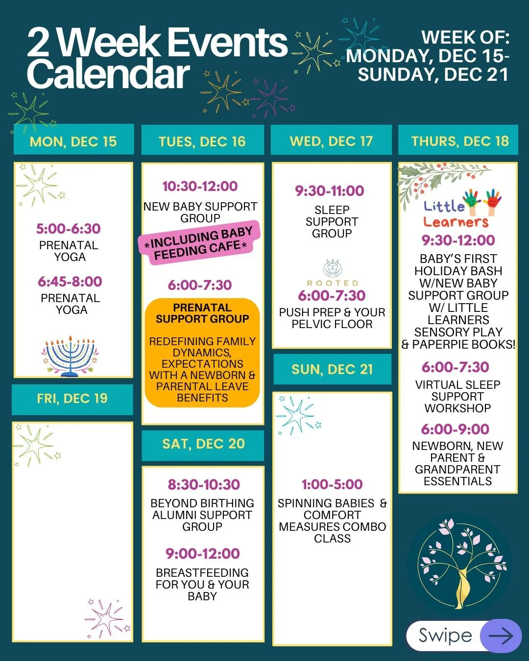 🕯️ The last chapters of December are unfolding. Come see what we&rsquo;re celebrating together!

Sign up links in Bio!

💪💪 💪 SUPPORT:
&bull; New Baby Support Group (aka: BABY FEEDING CAFE)@erndoula ERN Doula &amp; Perinatal Education 
&bull; Pren
