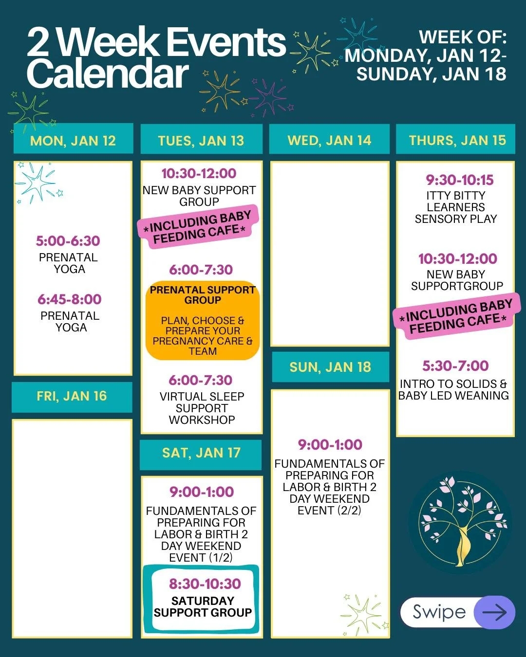 ❄️ January is for gentle beginnings and strong support - come join us. ❄️

Sign up links in Bio!

This is what's happening the next two weeks. We have so much going on!! Sign up early!

💪💪 💪 SUPPORT:

&bull; New Baby Group (aka: BABY FEEDING CAFE)