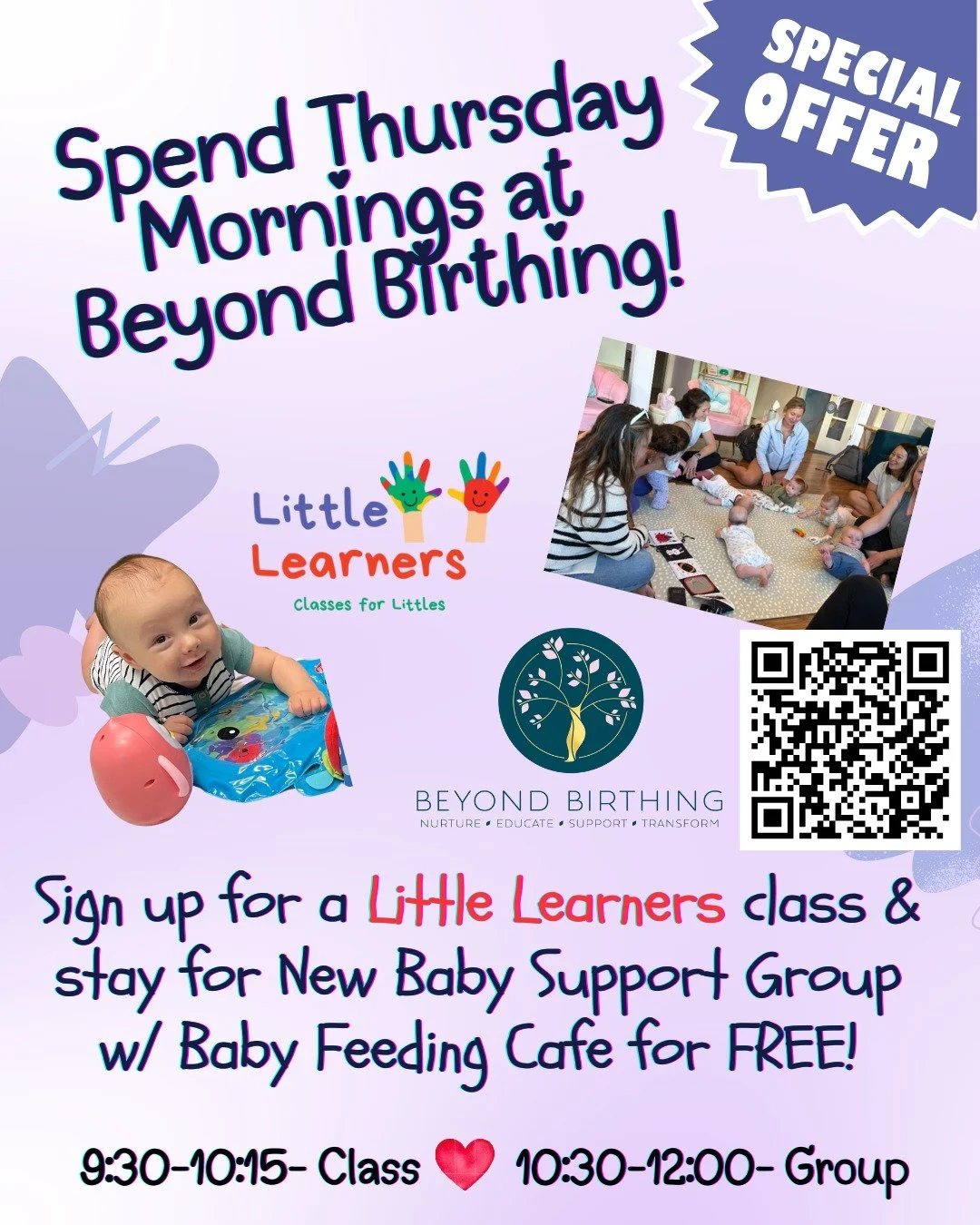 SPECIAL OFFER! We want to spend Thursday mornings with you! Come and play with your little one @littlelearnersclasses from 9:30-10:15. Each week Katelynn will have sensory activities for your babe to practice tummy time and get those cognitive wheels