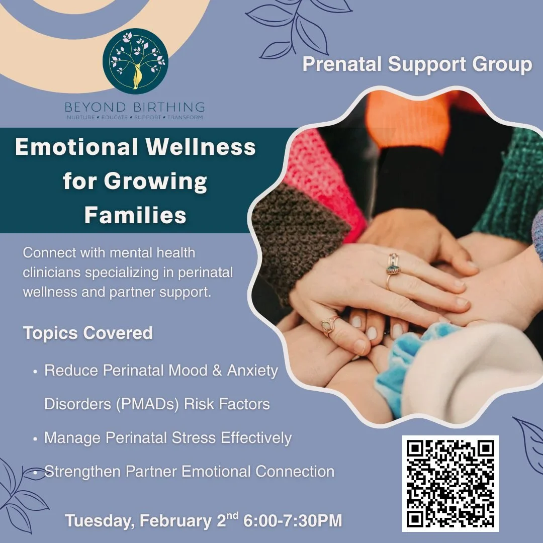 📣 DON'T MISS THIS AMAZING PRENATAL SUPPORT GROUP! 📣

Tuesday February 2nd, 6:00-7:30pm

Connect with mental health clinicians specializing in perinatal wellness and partner support!  Leave feeling more confident about:

1. Perinatal Mood &amp; Anxi